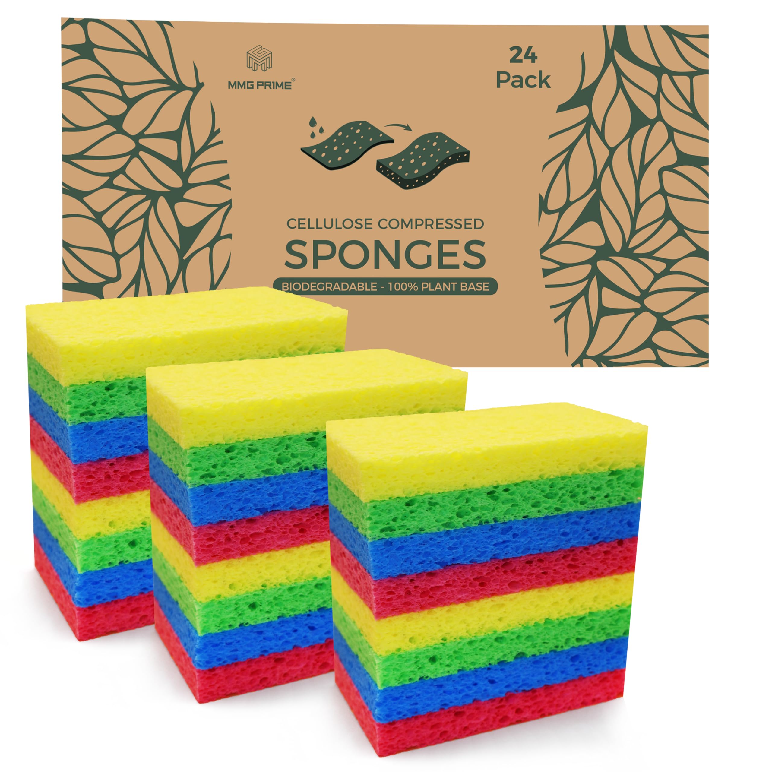 24-Pack Multicolored Compressed Cellulose Sponges - Natural Biodegradable Kitchen Sponges for Cleaning, Dishes & DIY - Non-Scratch Quick-Dry Sponges for Home, Office & Craft Projects