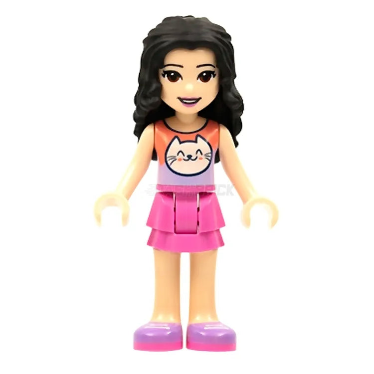 LEGO Friends Emma Minifigure with Coral & Lavender Cat Shirt & Dark Pink Skirt (2021) - Collectible Building Toy for Kids, Perfect for Creative Play and Display