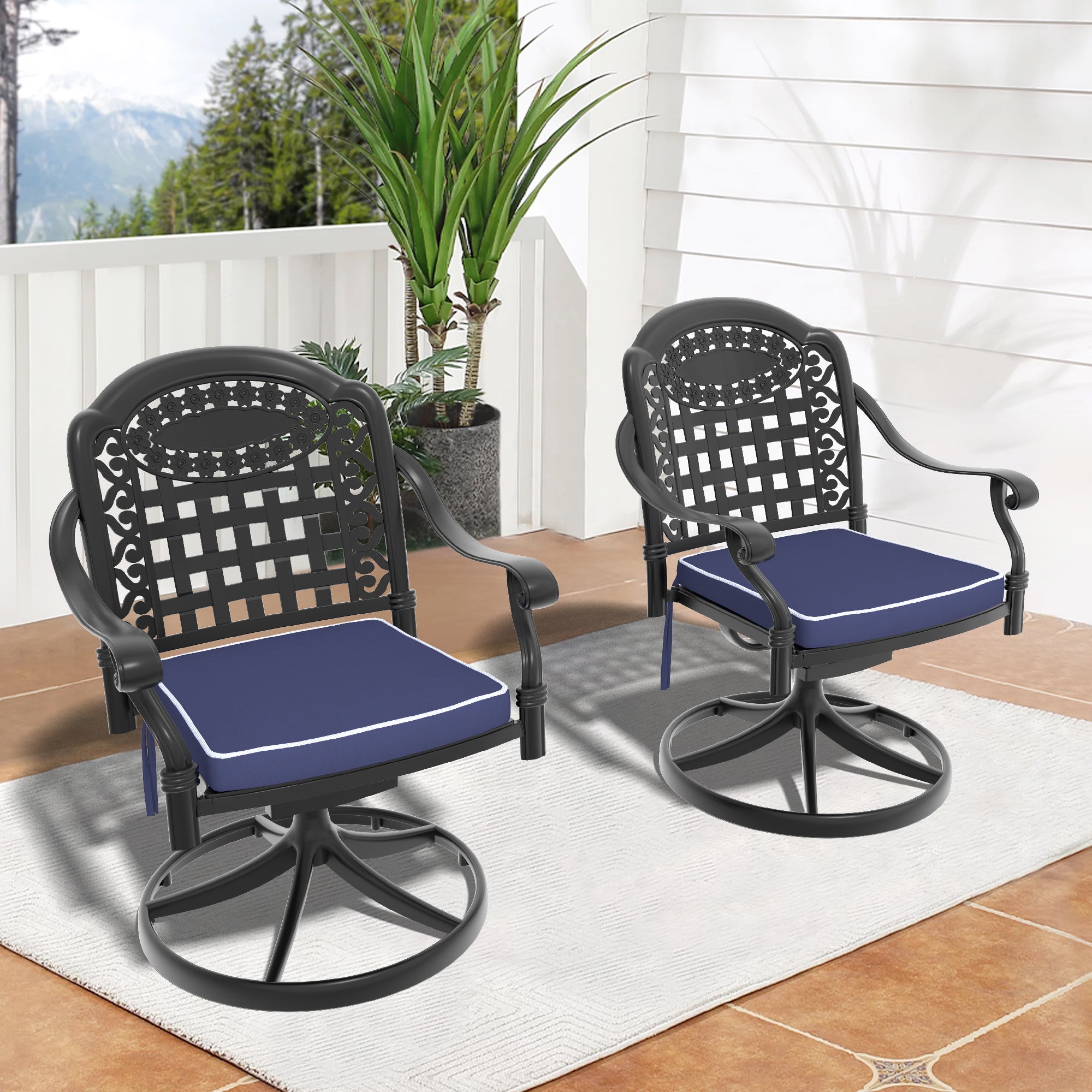 2-Piece Cast Aluminum Patio Swivel Chairs with Black Frame & Cushions - Outdoor Garden, Poolside, Deck Furniture Set for Relaxing & Entertaining