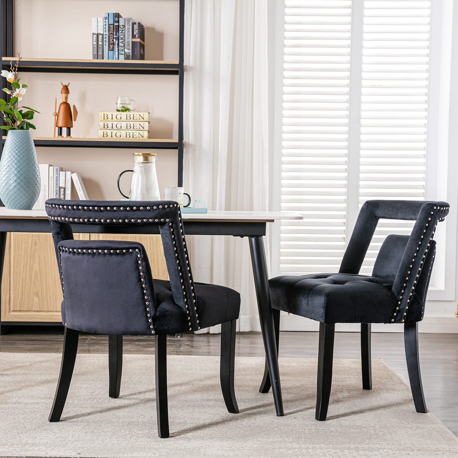 ZSARTS Black Velvet Dining Chairs Set of 2 - Modern Upholstered Hollow Nailhead Back Kitchen Chairs with Tufted Button Accent & Wood Legs | Perfect for Dining Room, Living Room, Kitchen Island & Home Decor