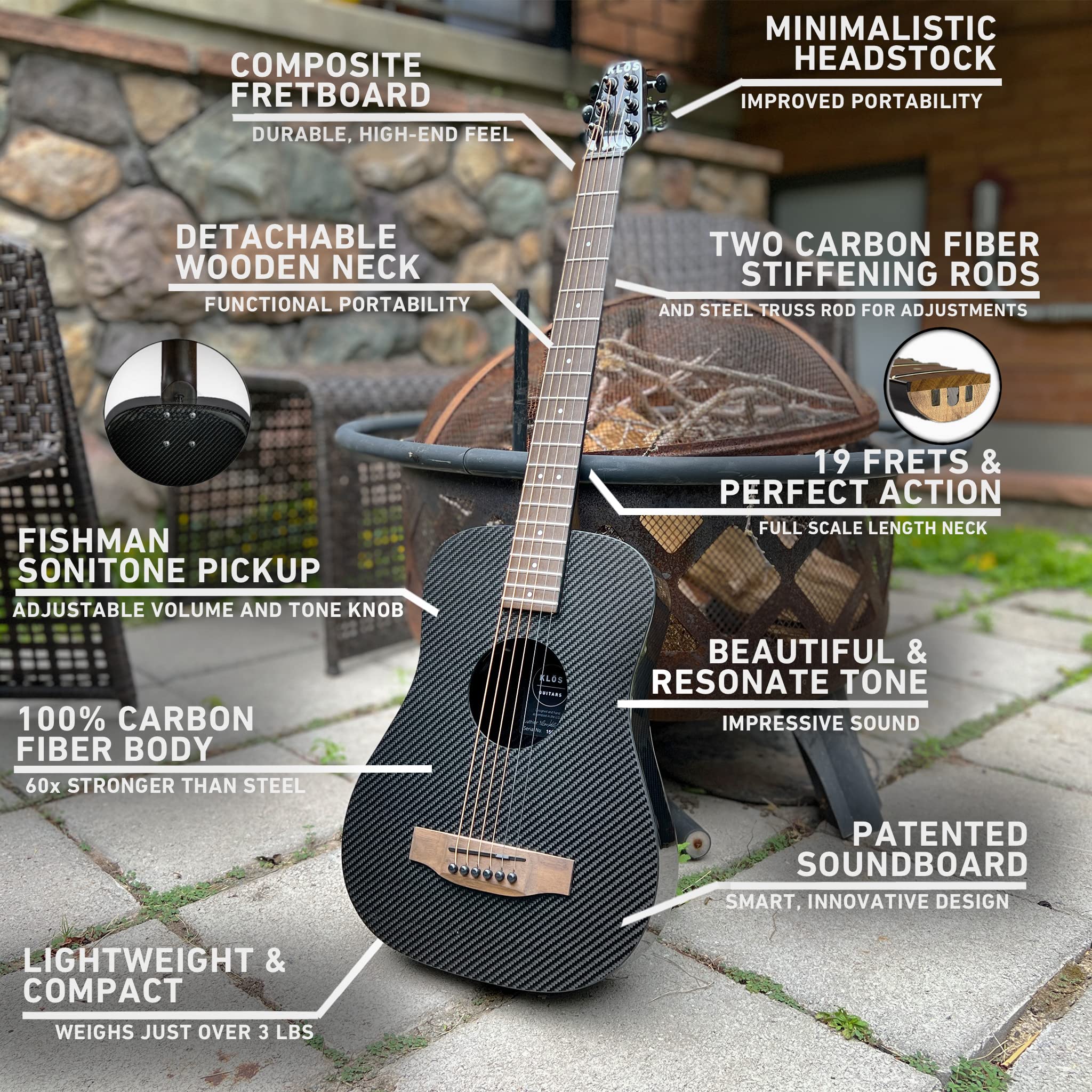 KLOS Travel Deluxe Carbon Fiber Acoustic Electric Guitar - Black | Lightweight & Durable | Includes Gig Bag, Strap, Capo | Perfect for Travel, Camping & Street Performances