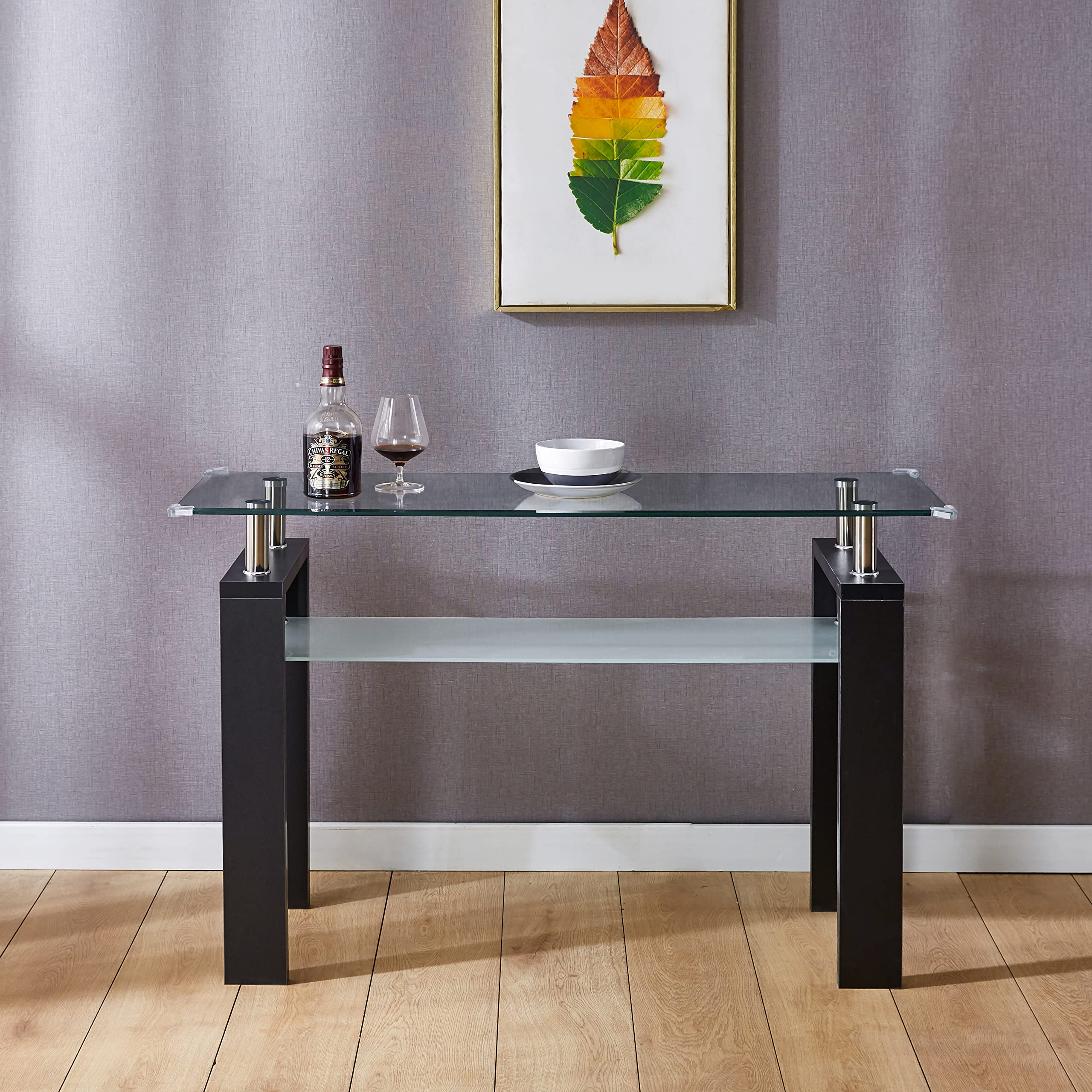 Modern Black MDF Console Table with Tempered Glass Top - Entryway Hallway Sofa Table for Living Room, Foyer & Bedroom Decor