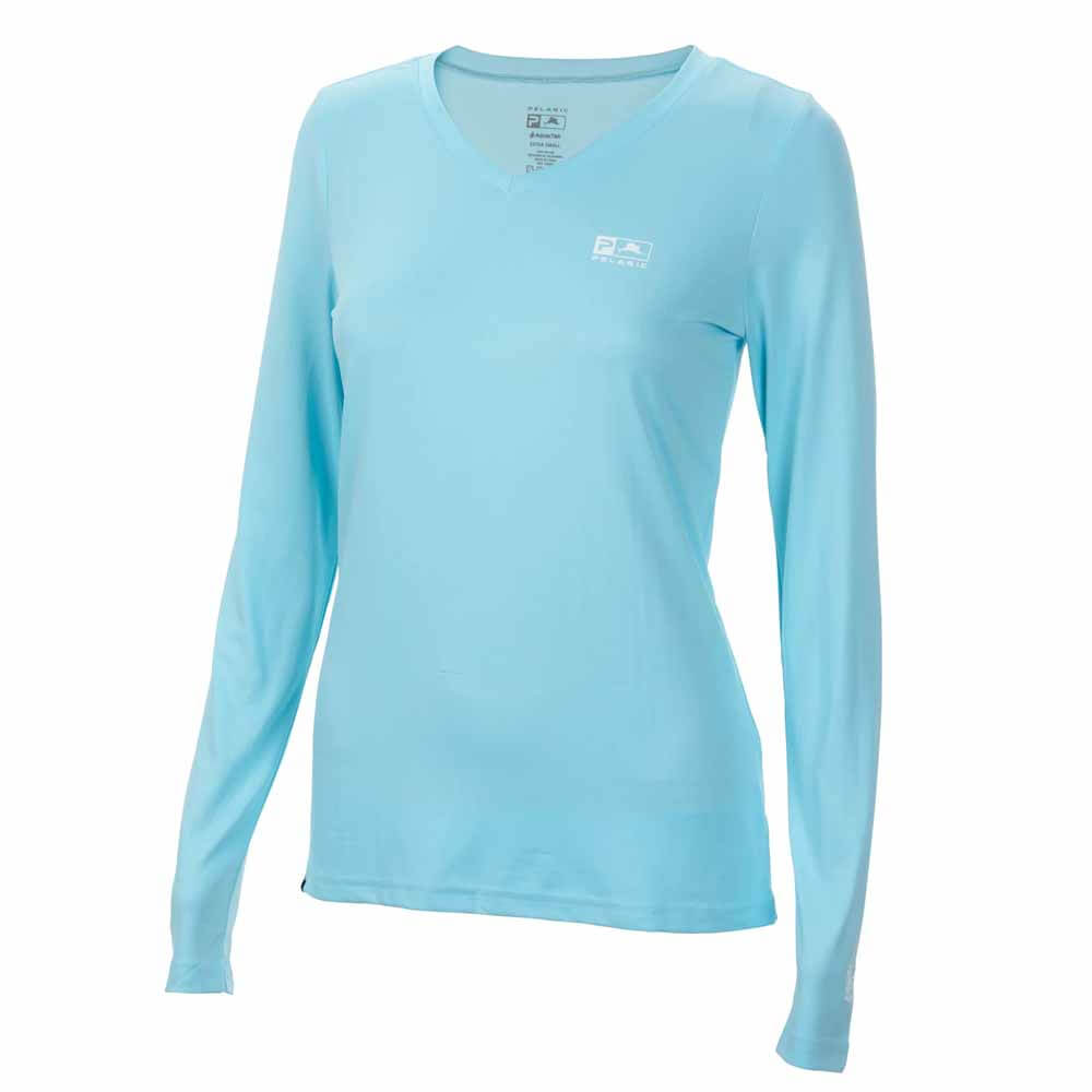 Pelagic Women's Light Blue Aquatek V Neck Long Sleeve Performance Shirt - Perfect for Swimming, Surfing & Outdoor Water Sports