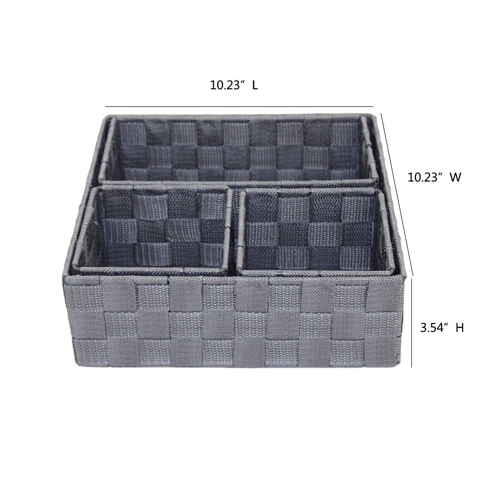 Durable Metal Frame Woven Storage Baskets Set of 4 - Handmade Ribbon Woven Organizer Bins for Home Office & Bathroom Organization (Gray) - Perfect for Shelves, Countertops & Closet Storage
