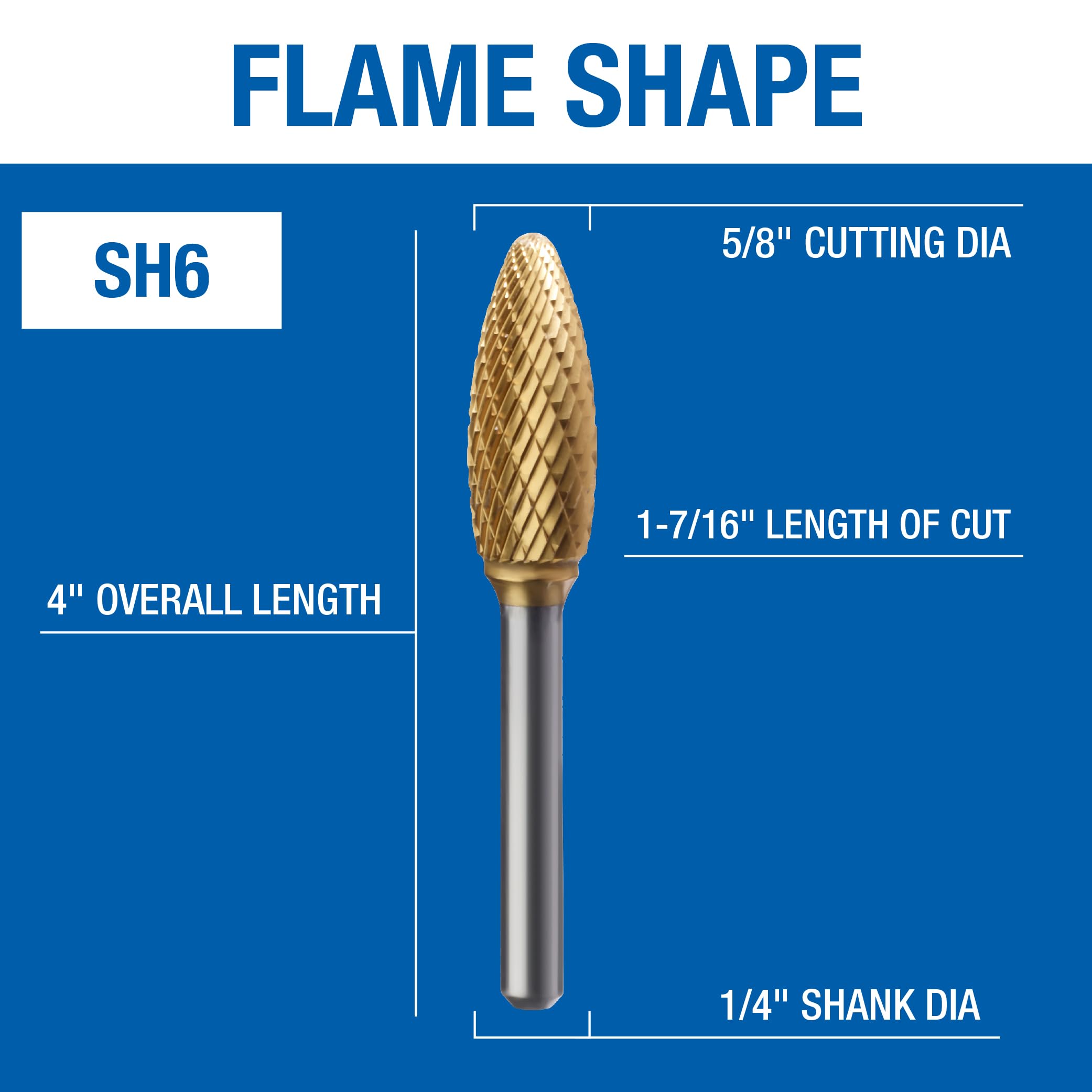 Champion SH6 Double Cut TiN Coated Carbide Burr Rotary File - High Speed Steel Cutting Tool for Metal, Wood, Plastic - Perfect for DIY, Jewelry Making & Automotive Repair