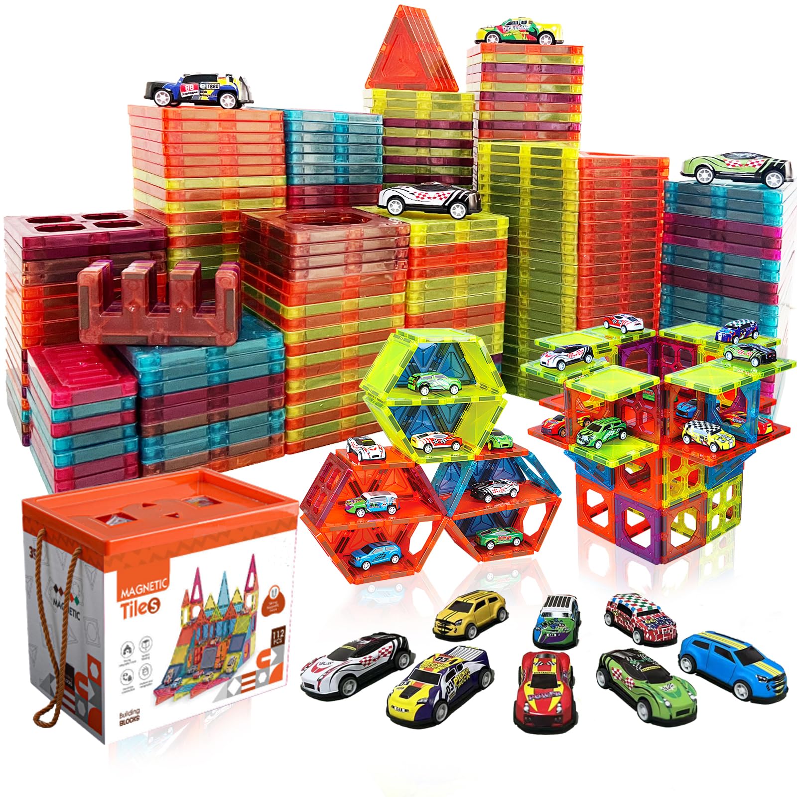 BUBUQE Magnetic Tiles Building Blocks Set with 10 Pull-Back Cars - STEM Educational Construction Toy for Kids Ages 3-8 - Creative Learning Toys for Boys & Girls - Perfect for Preschool Playtime & Indoor Activities