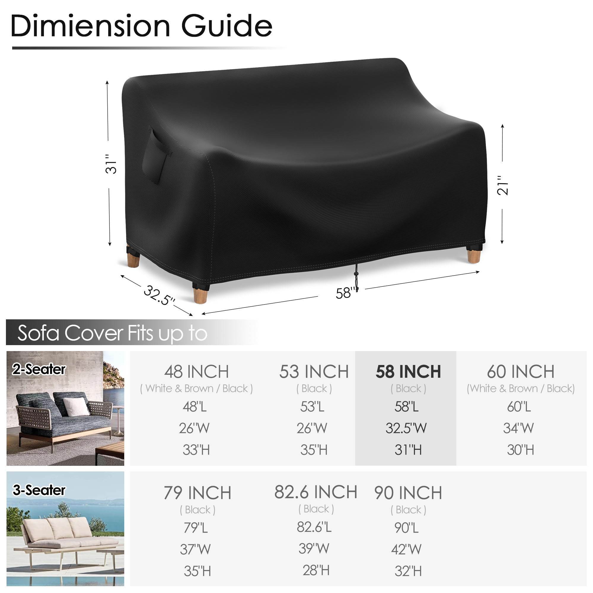 Heavy Duty 900D Waterproof Outdoor Furniture Cover - Patio Sofa Loveseat 2-Seater Bench Table Protector with Air Vents & Handles (58