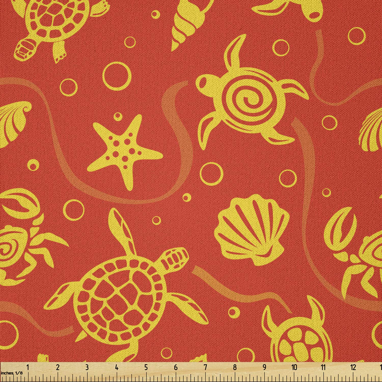 Ambesonne Tropical Orange Fabric by The Yard - Swimming Turtles, Crabs & Seashells Microfiber Material for DIY Crafts, Home Decor & Sewing Projects (3 Yards, Burnt Orange Yellow) - Perfect for Beach-Themed Pillows, Table Runners & Wall Hangings