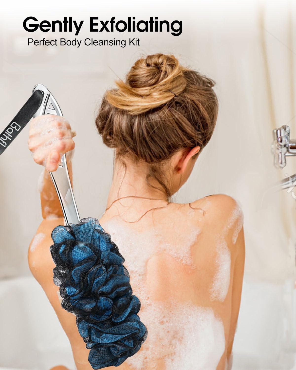 Charcoal Exfoliating Loofah Sponge for Women & Men - 80g Soft Luffa Poufs with Long Handle Back Brush (4 Pack + Hook) - Deep Cleansing Body Scrubber for Shower, Bath & Spa - Ideal for Exfoliation, Dead Skin Removal & Relaxation