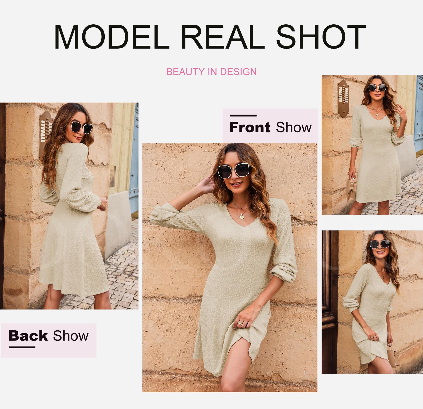 Trendy 2025 V-Neck Knit A-Line Long Sleeve Sweater Dress for Women - Perfect for Office Work, Spring Outfits & Casual Wear | Dokotoo