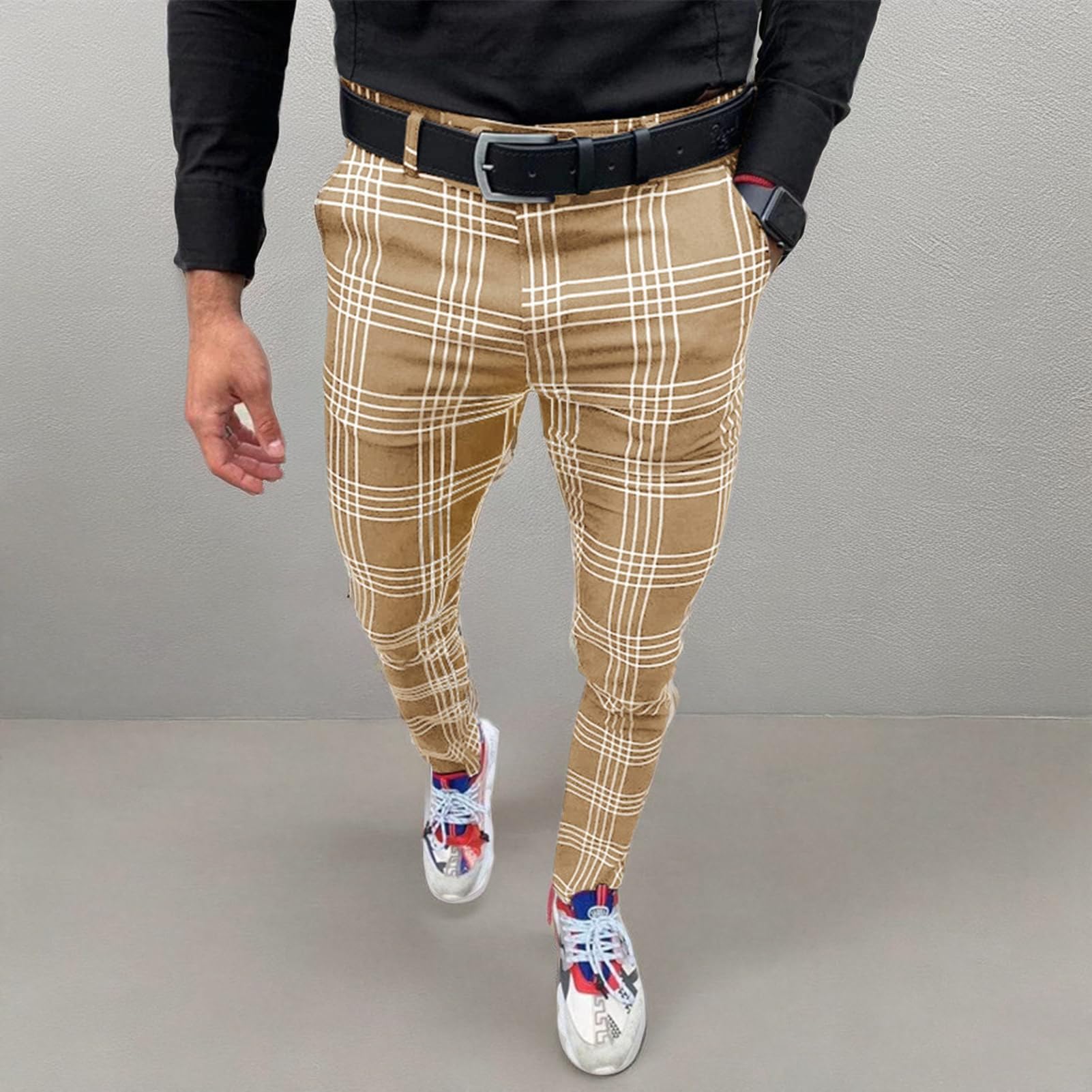 **Men's Slim Fit Stretch Dress Pants - Business Casual & Golf Plaid Pants for Office, Travel & Outdoor Activities**