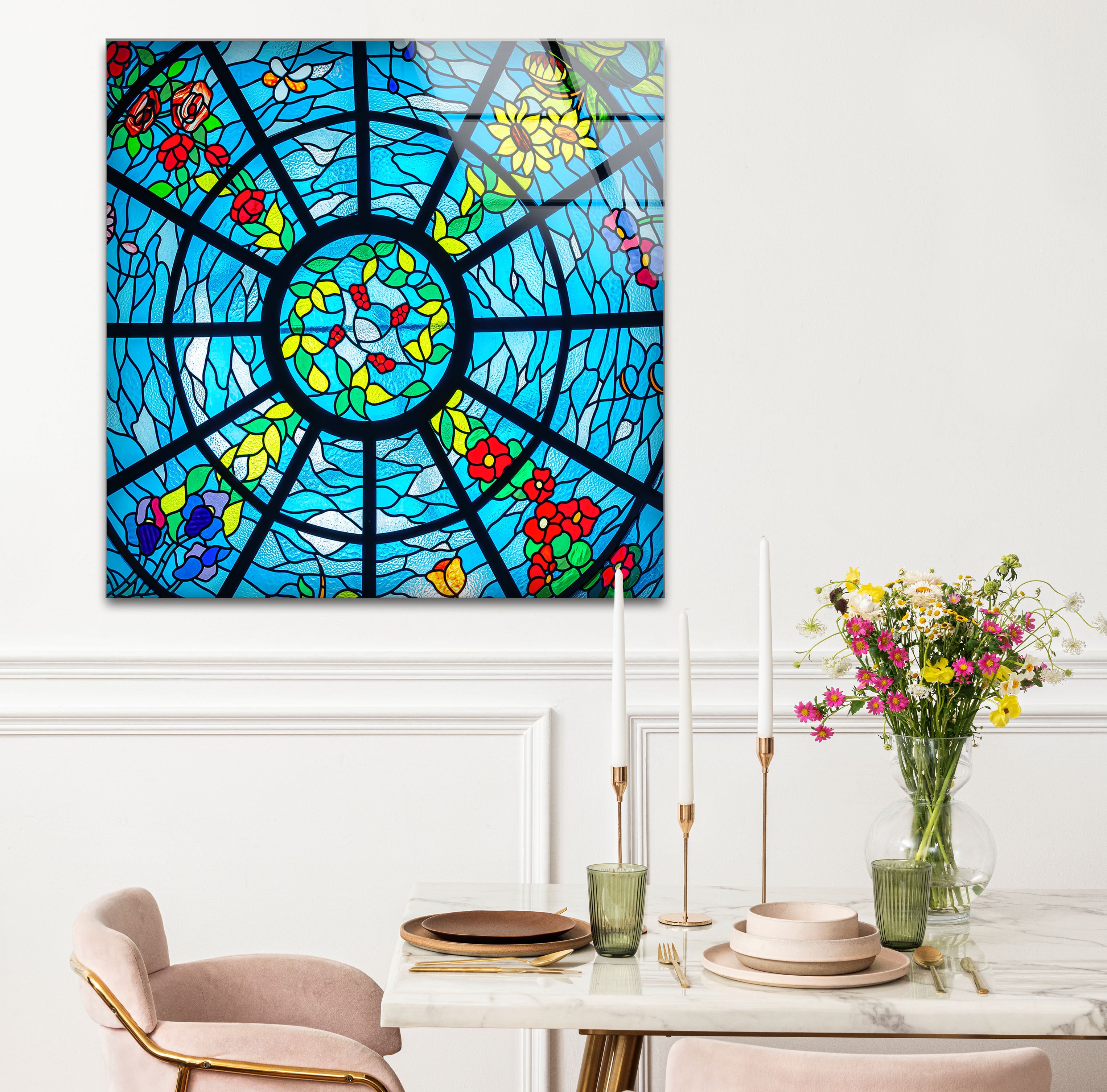 Blue Stained Glass Wall Art - Vibrant Floral & Ocean Window Design for Home & Office Decor | Perfect for Living Room, Bedroom, or Office Wall Decorations