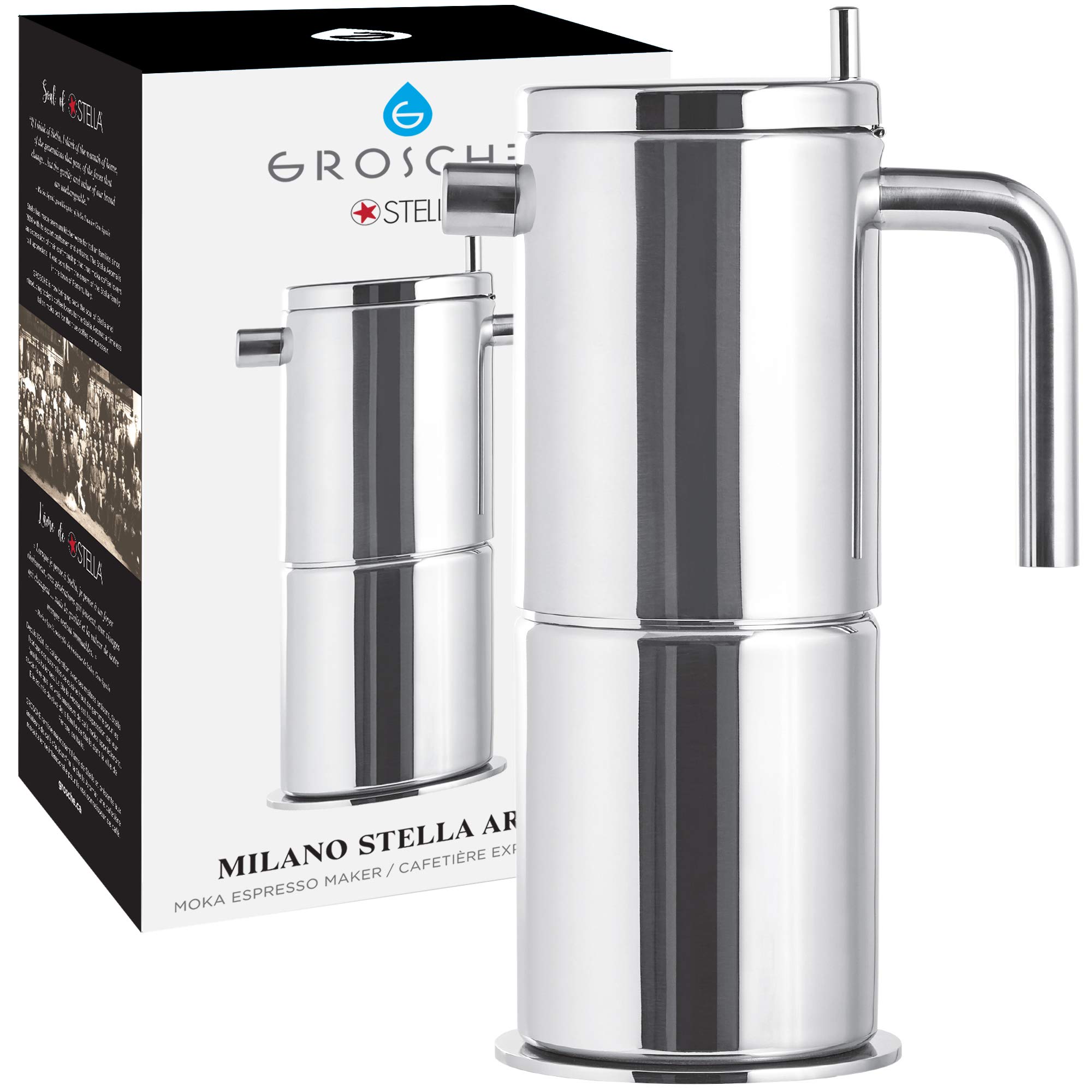 GROSCHE Milano Stella Aroma Stainless Steel Moka Pot - 4 Cup Stovetop Espresso Maker (200ml/7oz) for Induction & Gas - Perfect for Home Coffee Brewing & Italian-Style Espresso