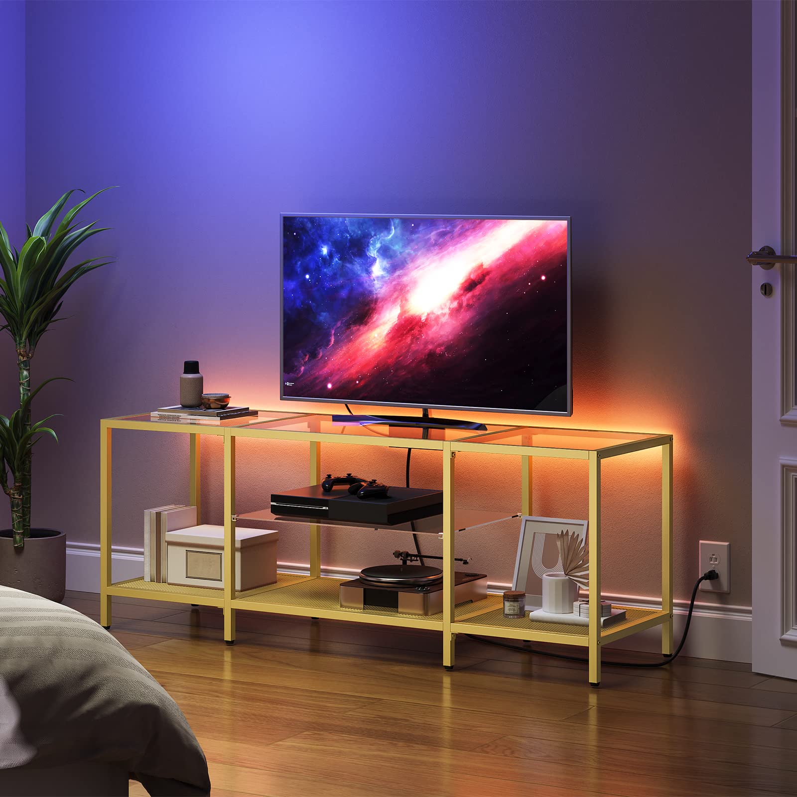 HOOBRO 65 Inch TV Stand with LED Lights & Power Outlets, Modern Tempered Glass TV Console Table with Open Shelves, Media Entertainment Center for Living Room - Gold (GD145UDS01) | Perfect for Home Theater Setup & Living Room Decor
