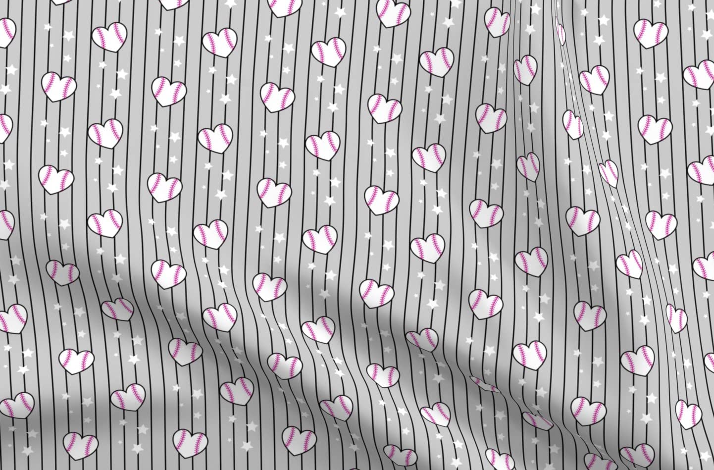 Heart Baseballs Gray Kawaii Softball Printed Petal Signature Cotton Fabric - Fat Quarter for Sewing, Quilting, Apparel, Crafts & Home Decor - Perfect for DIY Sports-Themed Projects & Girly Room Decor
