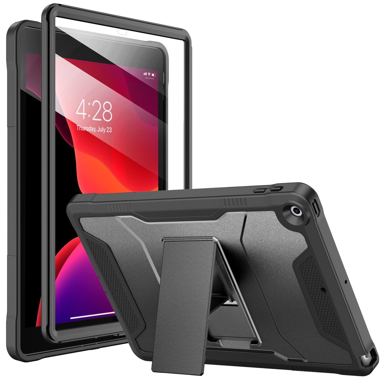 Soke Rugged Protective Case for iPad 9th/8th/7th Generation 10.2-Inch (2021/2020/2019) - Shockproof Cover with Built-in Screen Protector & Adjustable Kickstand - Perfect for Work, School & Travel - Black