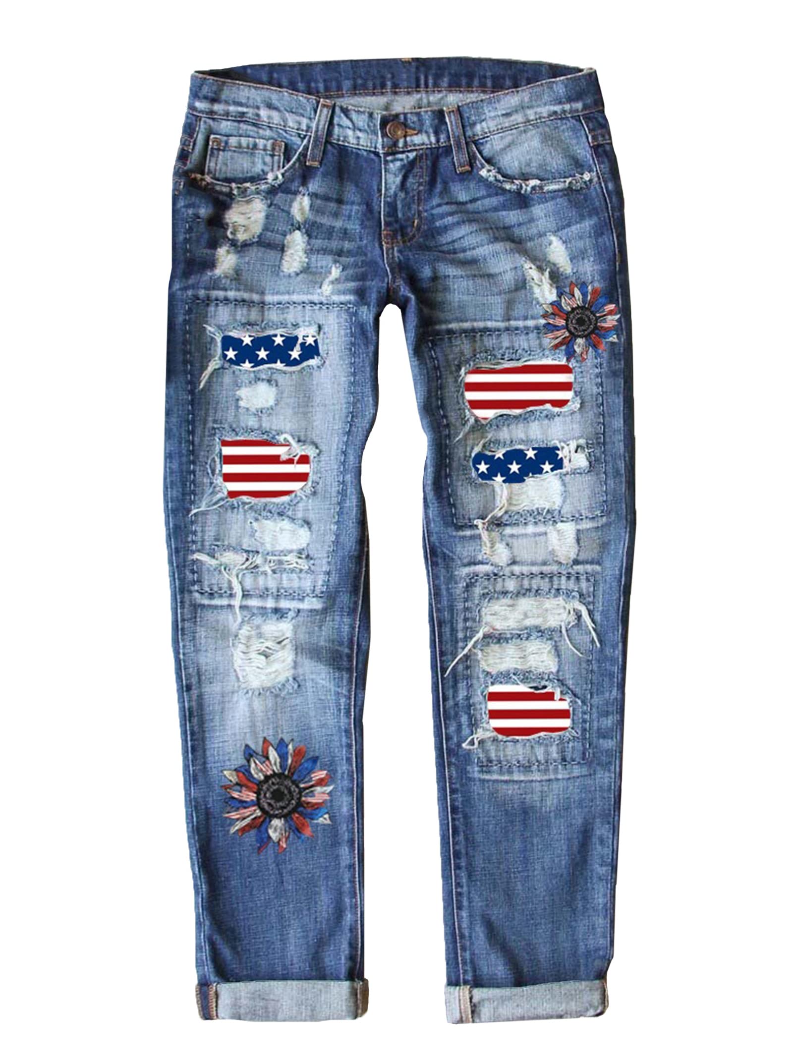 American Flag Ripped Boyfriend Jeans for Women - Distressed Denim Pants with Patriotic Design | Perfect for Casual Outfits, 4th of July Celebrations & Streetwear Fashion