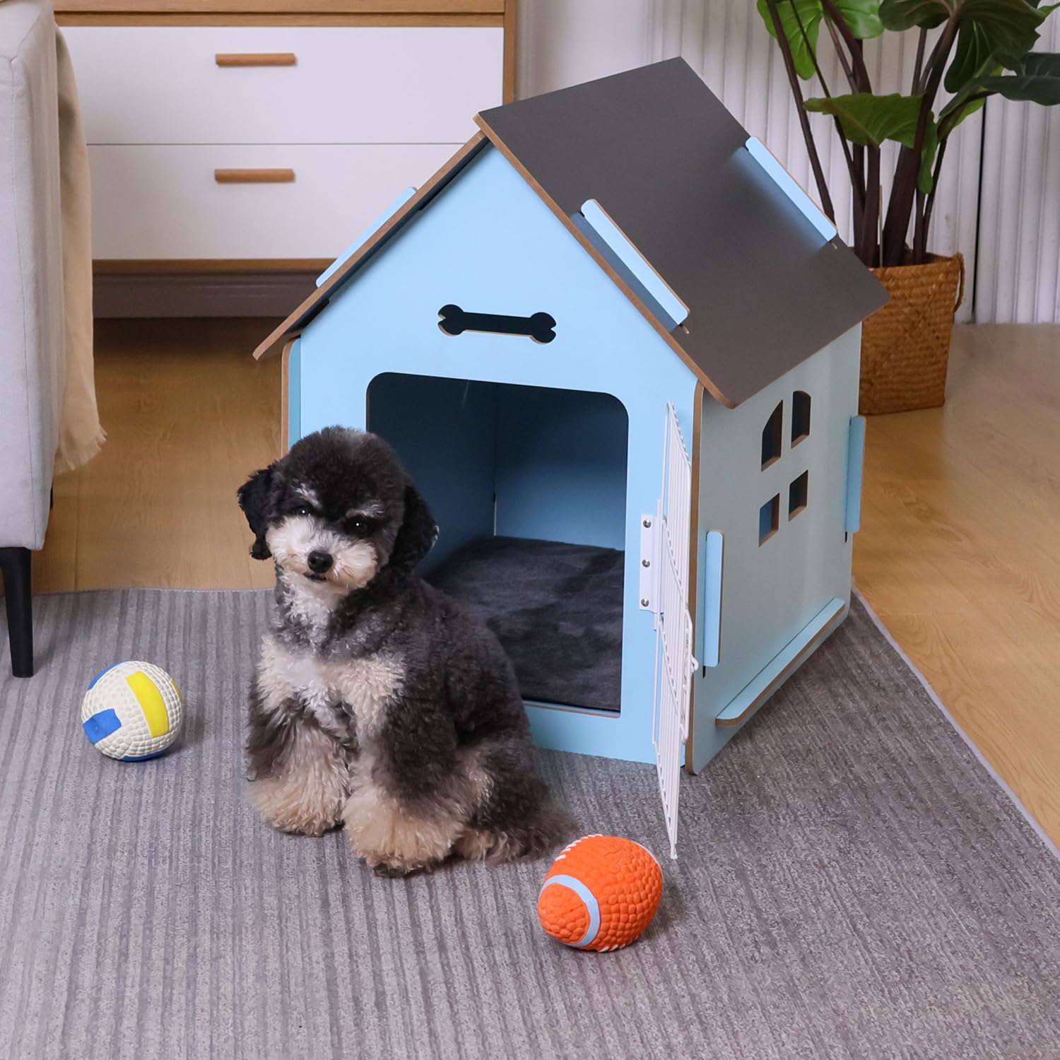 **Cozy Wooden Indoor Dog House for Small Dogs & Cats - Ventilated Design with Elevated Floor - Warm Pet Cave for Winter (Large, Blue) - Perfect for Bedrooms, Living Rooms & Pet-Friendly Spaces**