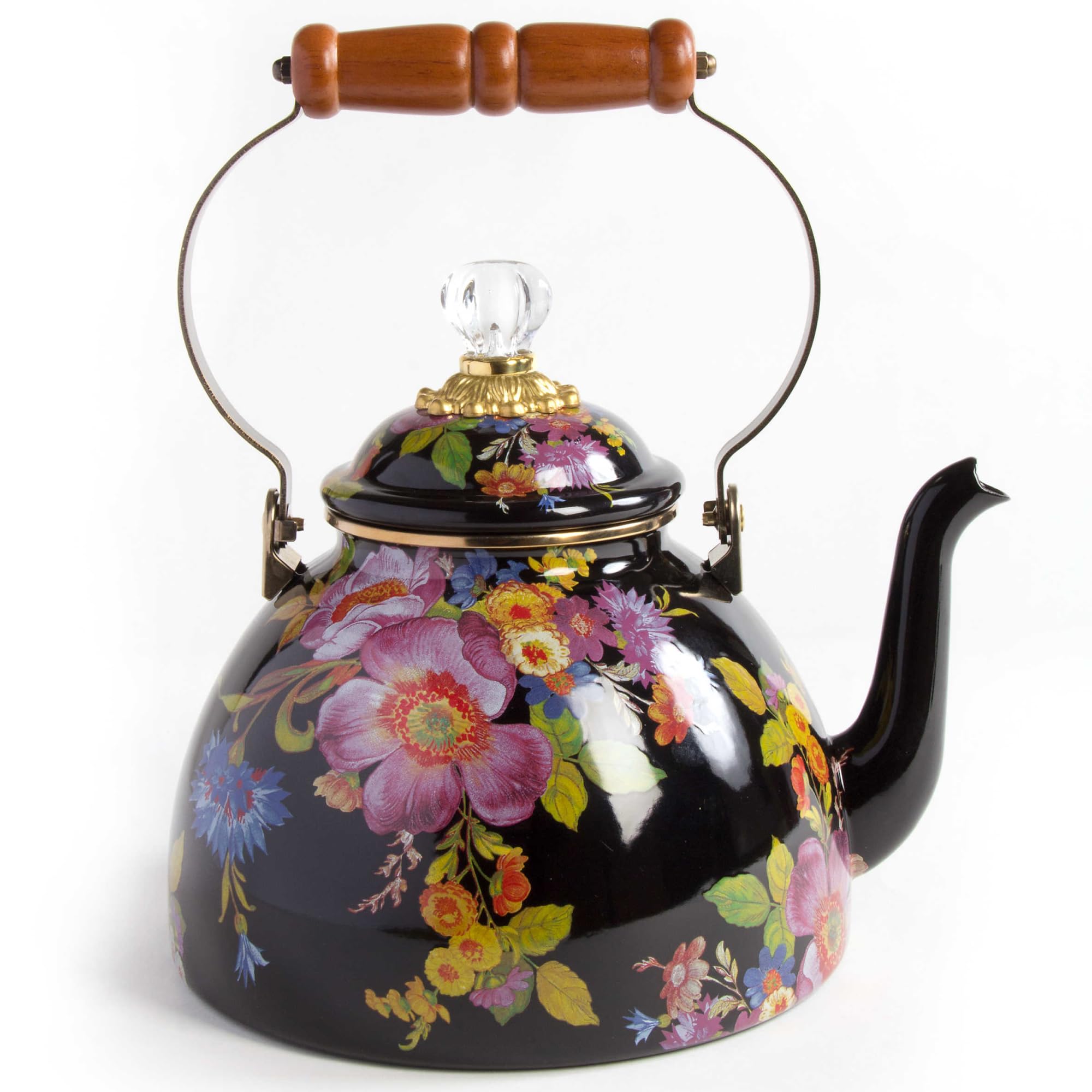**MACKENZIE-CHILDS Enamel Tea Kettle - 3-Quart Stovetop Kettle with Black Flower Market Design - Perfect for Tea Lovers & Vintage Kitchen Decor**