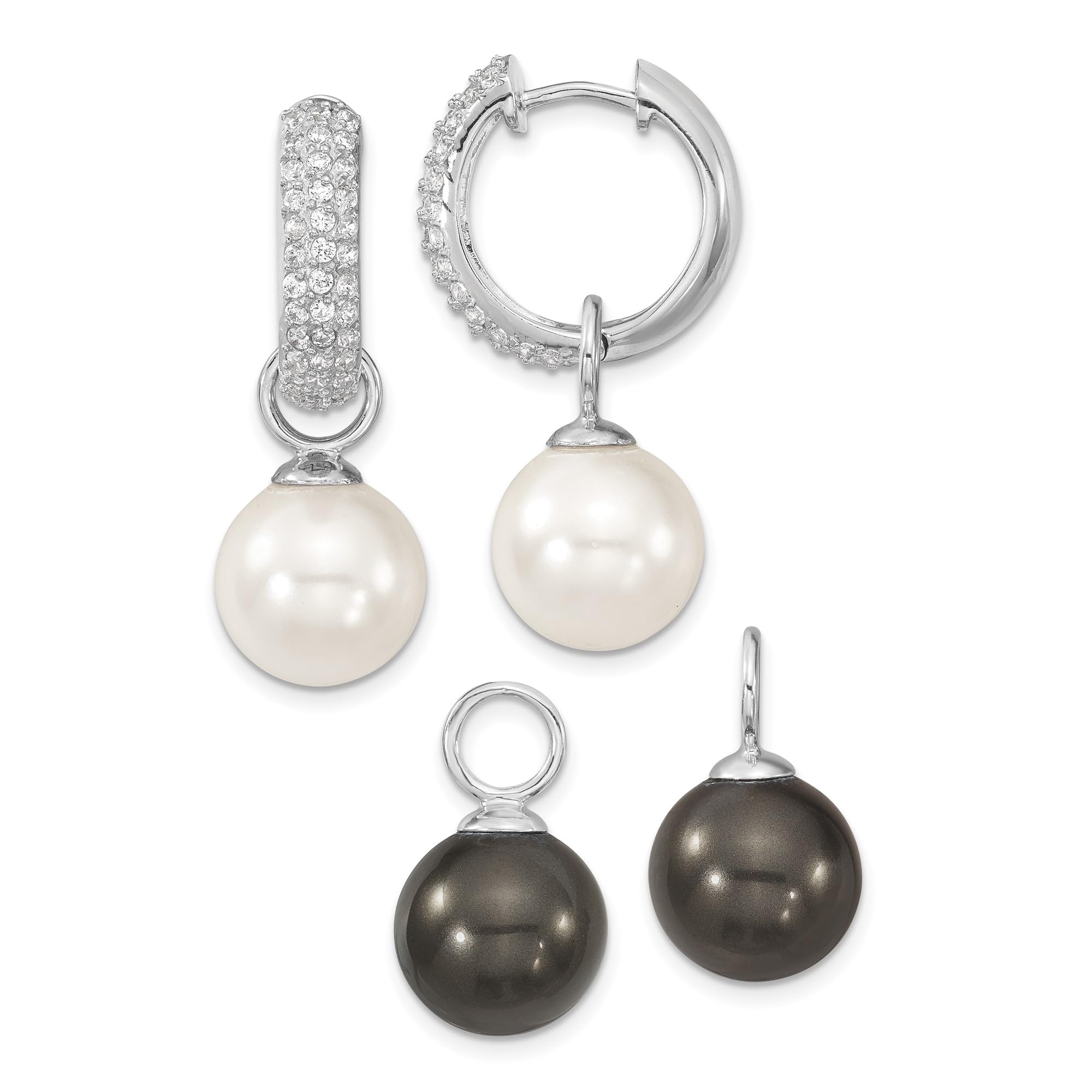925 Sterling Silver Cubic Zirconia CZ 12mm Black & White Shell Pearl Hinged Hoop Earrings for Women - Elegant Medium Size Hoops for Party, Wedding & Everyday Wear