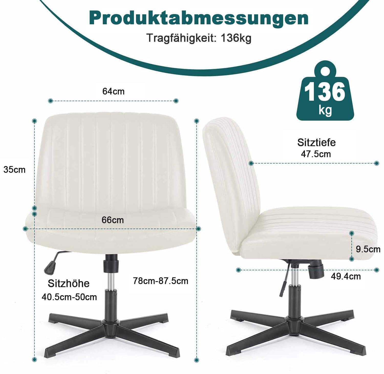 DUMOS Cross Legged Office Chair - Armless Wide Home Desk Seat No Wheels, Modern Swivel Adjustable Fabric Chair for Bedroom, Living Room & Office - Comfortable Vanity Seating for Work, Relaxation & Meditation