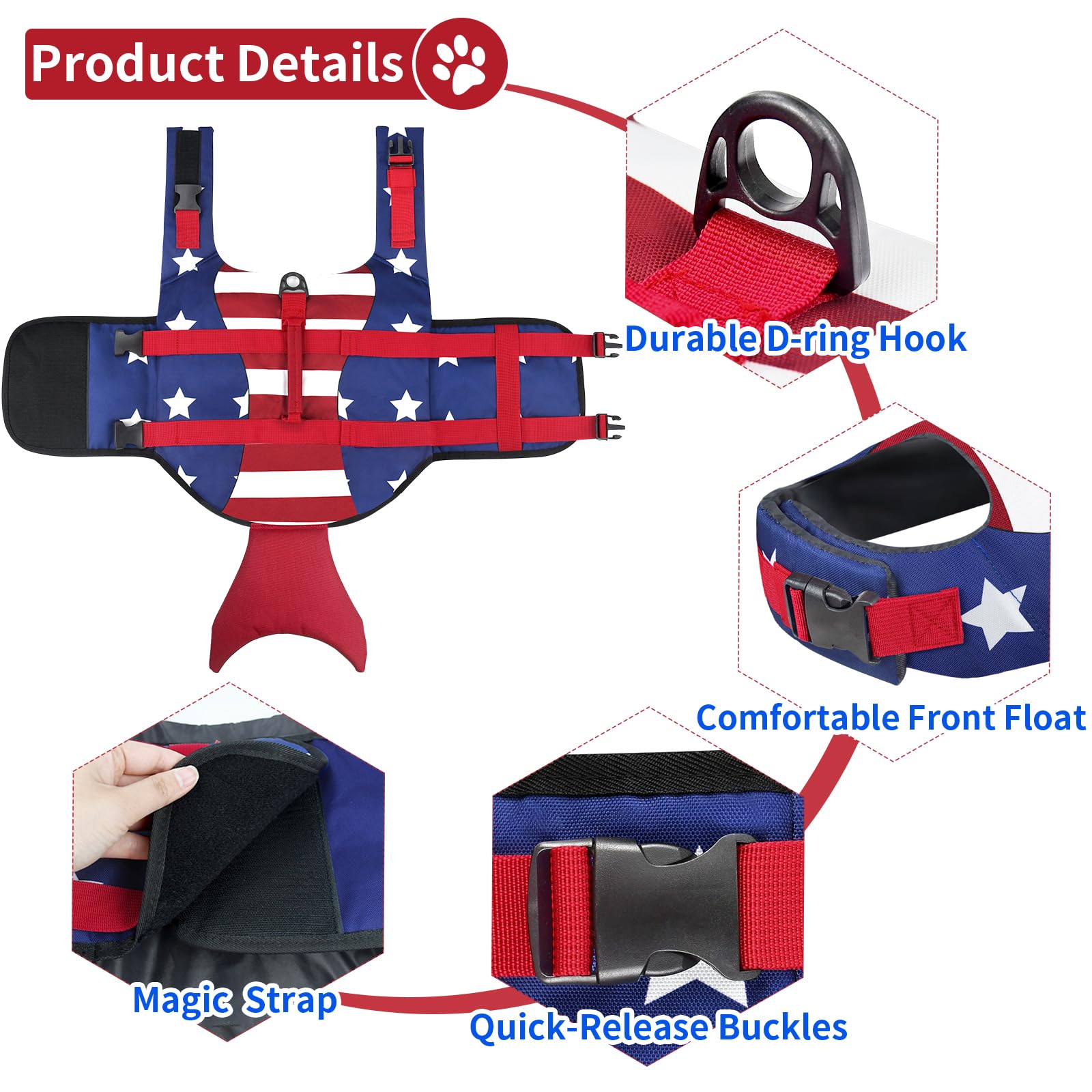 **Malier High Buoyancy Ripstop Dog Life Jacket - Swimming & Boating Safety Vest for Small, Medium & Large Dogs - High Visibility Lifesaver (Red + Dark Blue, Large) - Perfect for Pools, Lakes & Beach Adventures**