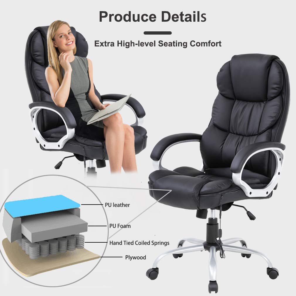 Ergonomic Office Chair with Lumbar Support & Headrest - High Back PU Leather Executive Desk Chair with Adjustable Armrests & Swivel Wheels - Comfortable Computer Task Chair for Home Office, Adults & Women - Perfect for Long Work Hours & Video Conferencing (Black)