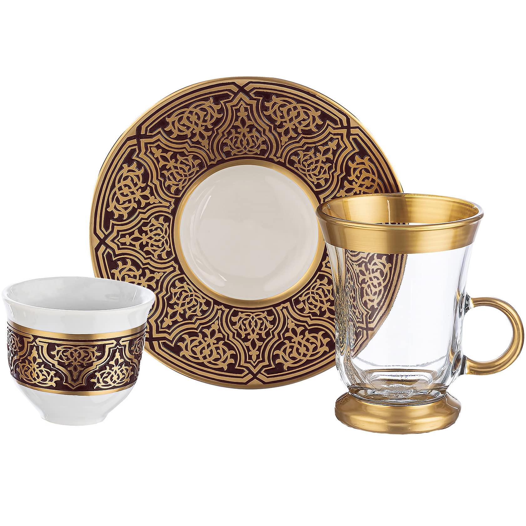 Premium Turkish Tea Set - 18-Piece Handmade Gold-Plated Mirra Cups & 6 Tea Glasses, 22K Gold Vintage Design (140cc, Red) - Perfect for Home Tea Parties, Gifts & Traditional Turkish Tea Ceremonies