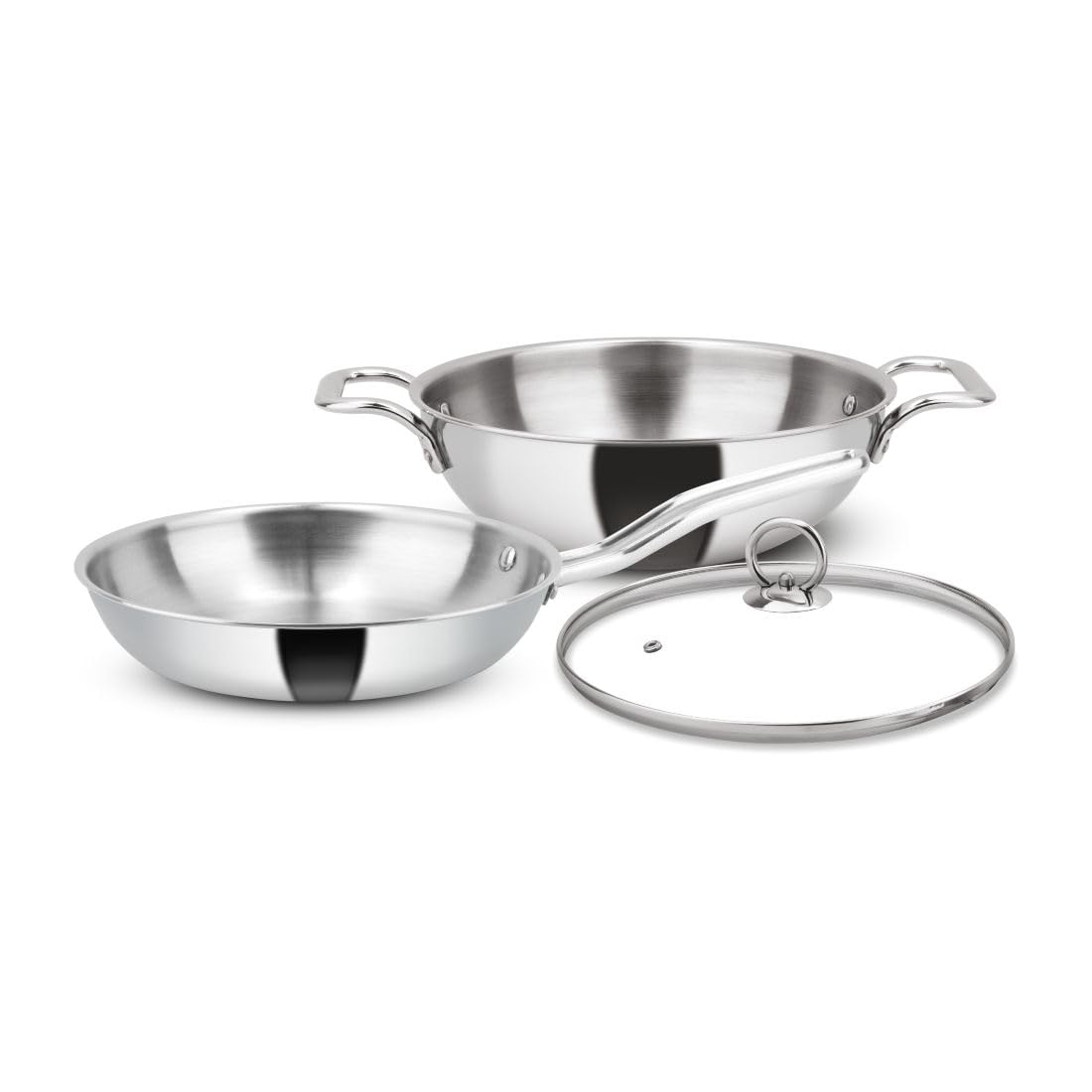 Premium Orange Triply Stainless Steel Cookware Set - 3-Piece Induction Compatible Combo (24cm Deep Kadai, 22cm Fry Pan with Tempered Glass Lid) | Durable & Even Heating | Perfect for Indian Cooking, Stir-Frying & Family Meals