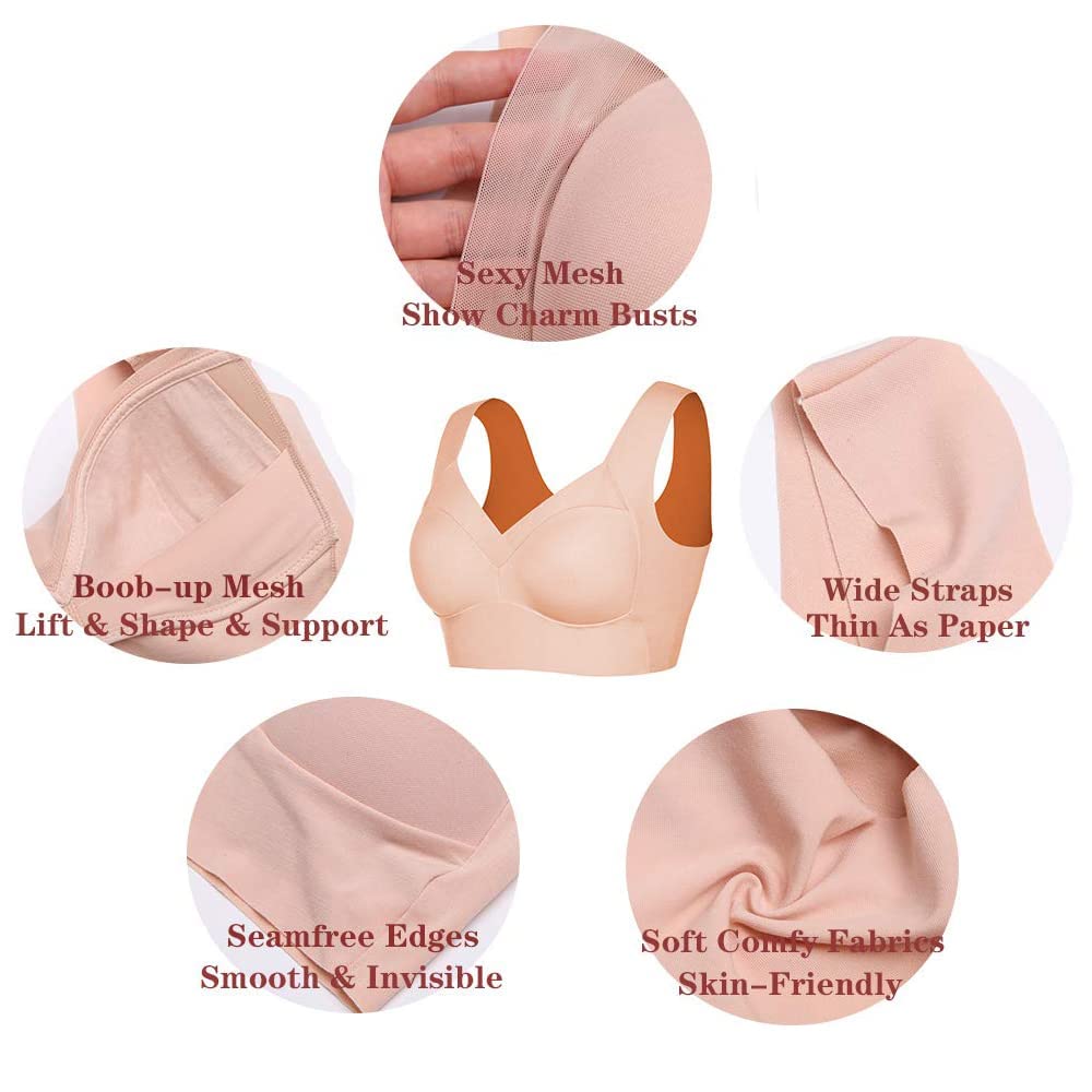 WOWENY Seamless Wirefree Bras for Women - Comfortable Mesh Soft Padded Underwire-Free Bra with Smoothing Support - Perfect for Yoga, Workouts & Everyday Wear