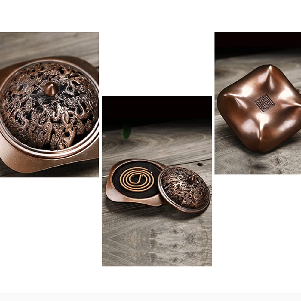 Antique Bronze Zinc Alloy Incense Burner Bowl - Square Cone Stick Coil Holder with Ash Catcher Tray - Buddhist Temple Home Decor for Meditation, Yoga & Aromatherapy (Red Copper)