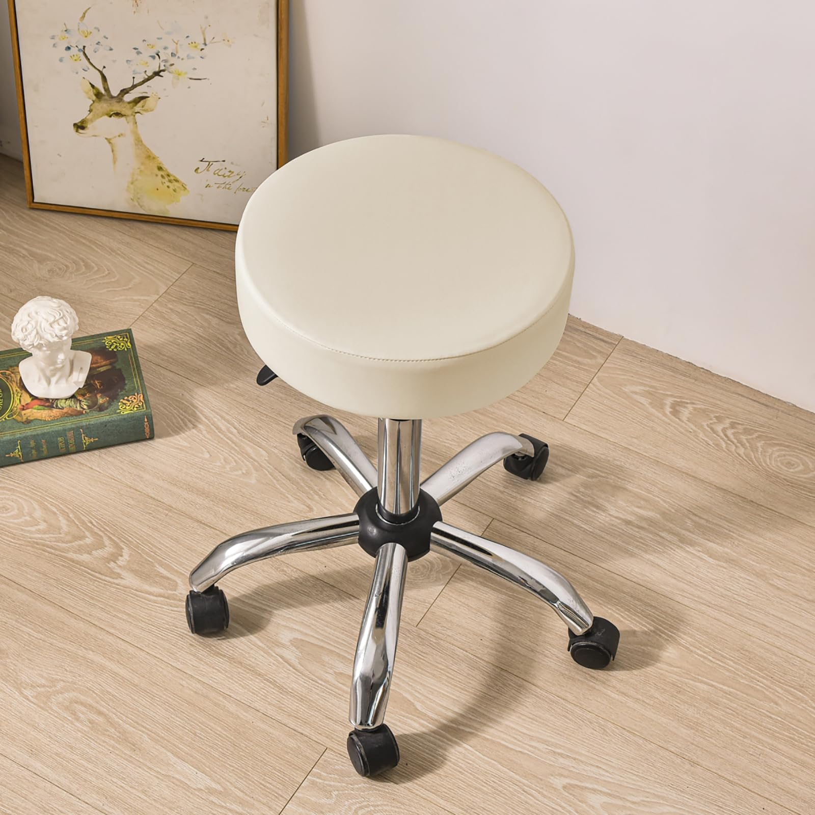 HAOYONG Waterproof Round Bar Stool Covers Set of 2 - Stretch PU Leather Seat Cushion Covers with Non-Slip Bottom for Kitchen, Dining Room & Pub (Beige) | Perfect for Home Decor, Restaurant Seating & Bar Counter Protection