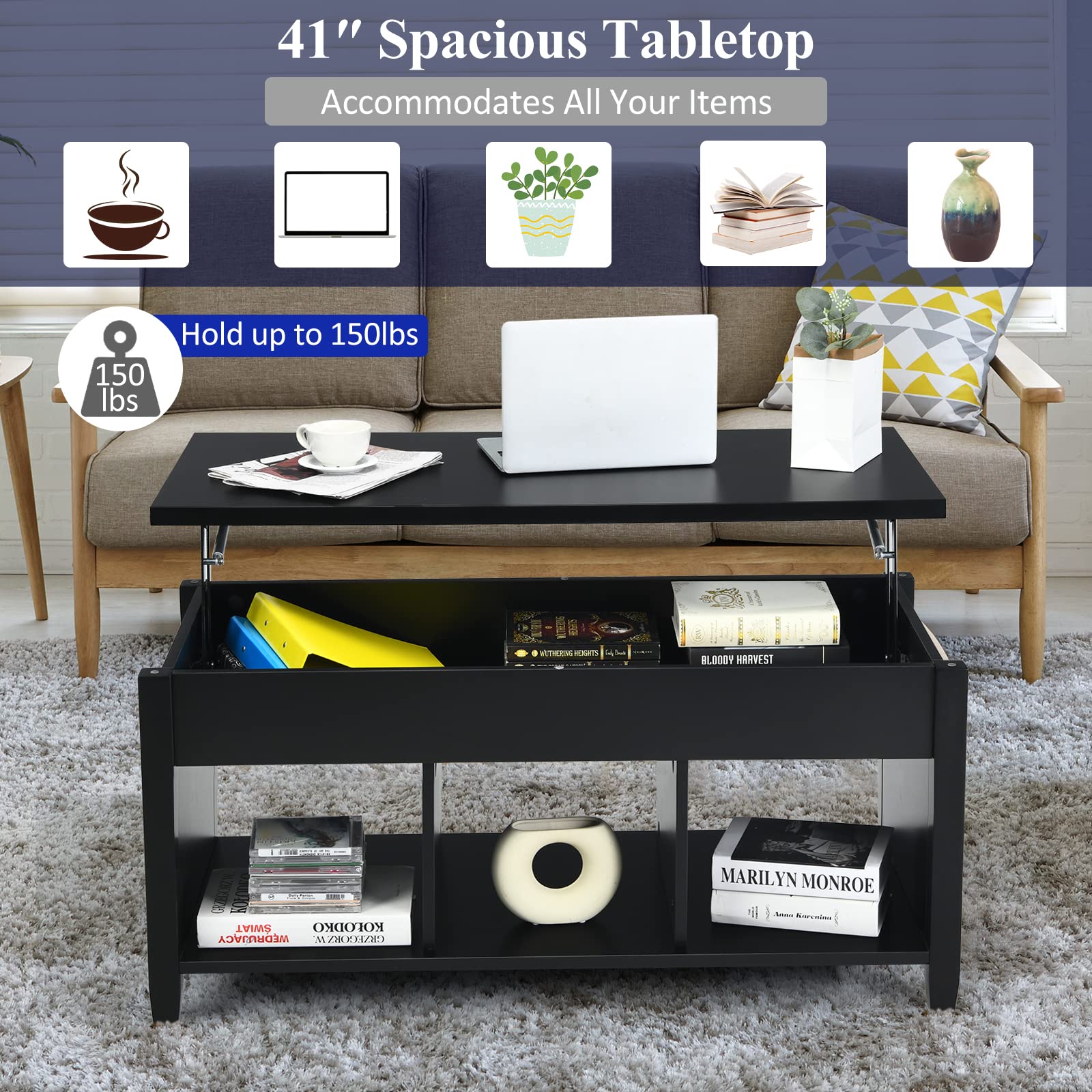 KOTEK Lift Top Coffee Table with Hidden Storage & Open Shelves - Modern Living Room Lift-Top Table with Compartment for Living Room, Office, Reception Area (Black) - Perfect for Small Space Organization & Stylish Home Decor