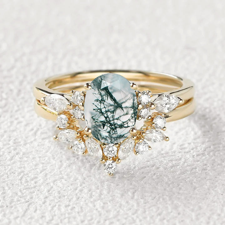 1.5ct Oval Cut Moss Agate Stacking Engagement Ring Set - 2 Piece Wedding Band for Women, Dainty Stackable Rings for Bridal, Anniversary Gift - Perfect for Proposals, Everyday Wear & Special Occasions