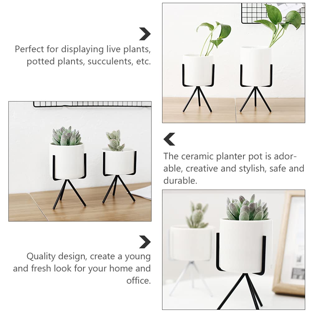 Veemoon Ceramic Flower Pot Set of 3 - Modern Indoor Planters with Iron Stand for Succulents, Cactus & Houseplants | Perfect for Home Decor, Office Desk & Gift Giving