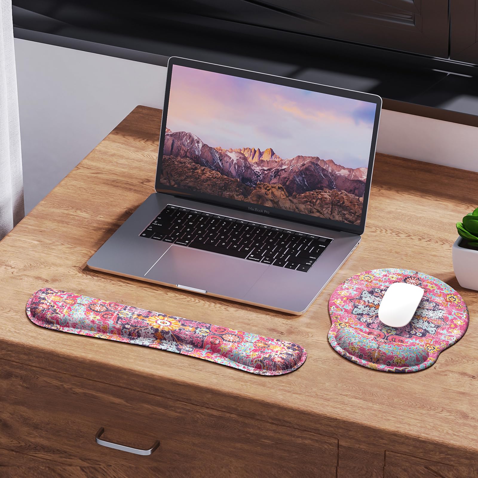 iLeadon Ergonomic Mouse Pad with Wrist Rest Set - Boho Style Comfort for Pain-Free Typing & Computer Use, Non-Slip Base for Home & Office Workstation (Fuchsia) - Perfect for Gaming, Coding & Long Work Sessions
