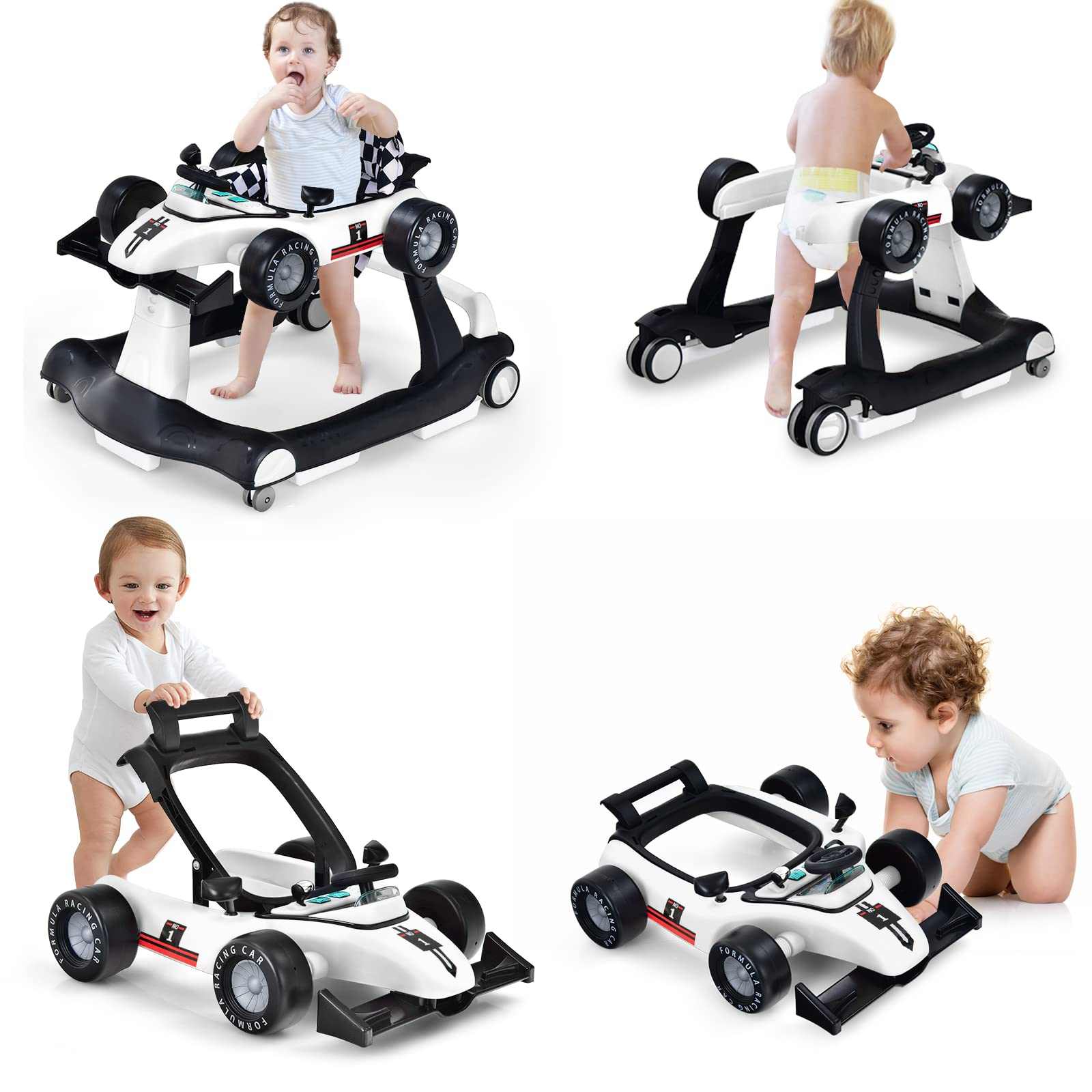 HONEY JOY 4-in-1 Baby Walker & Activity Push Walker with 3 Adjustable Heights, Smooth Wheels, Speed Control, Padded Seat, Music & Lights - Foldable Infant Walker for Boys & Girls 6-24 Months (White) - Perfect for Learning to Walk, Playtime & Indoor Activities