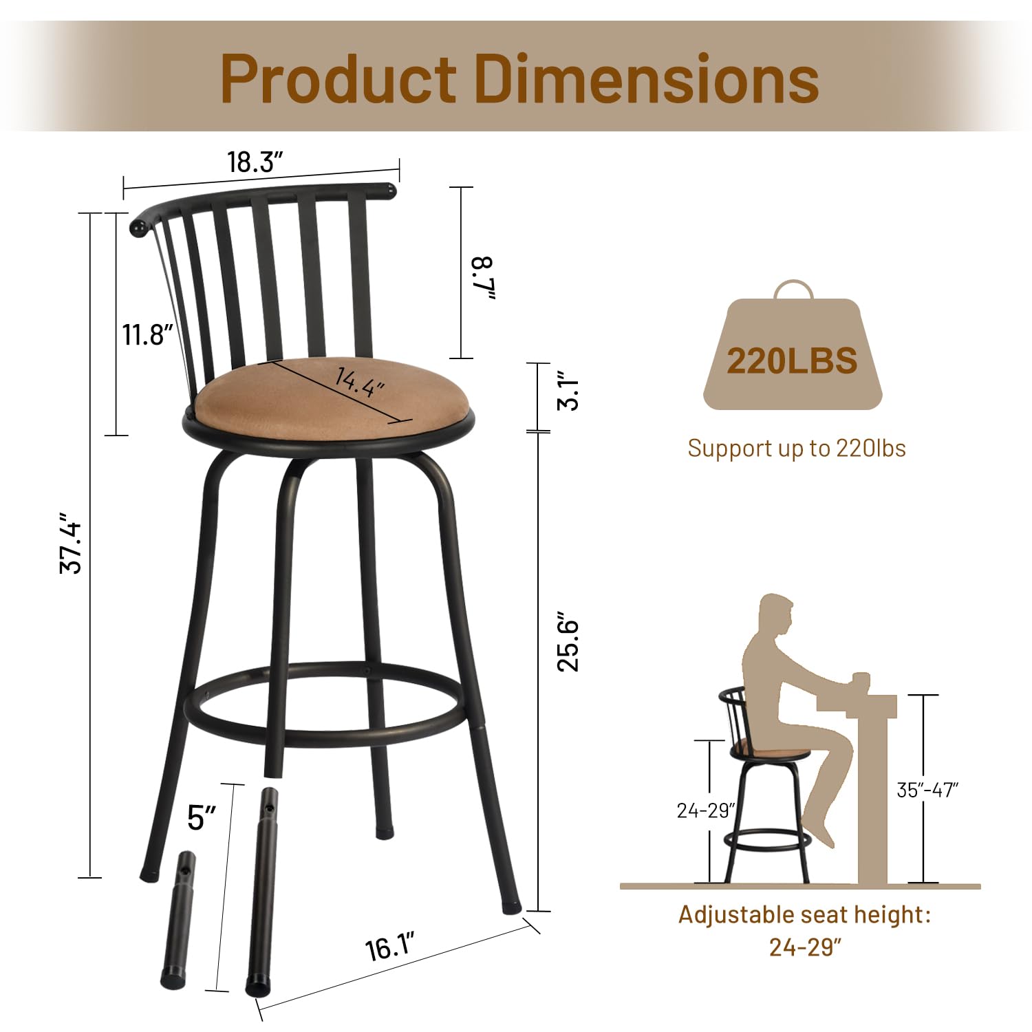 **Adjustable Classic Barstools Set of 4 – Country Style Swivel Bar Chairs with Backrest & Footrest – Counter Height Stools for Kitchen Island, Bistro, Pub & Home Bar – Interchangeable Legs in Brown/Black – Perfect for Dining, Entertaining & Small Spaces**