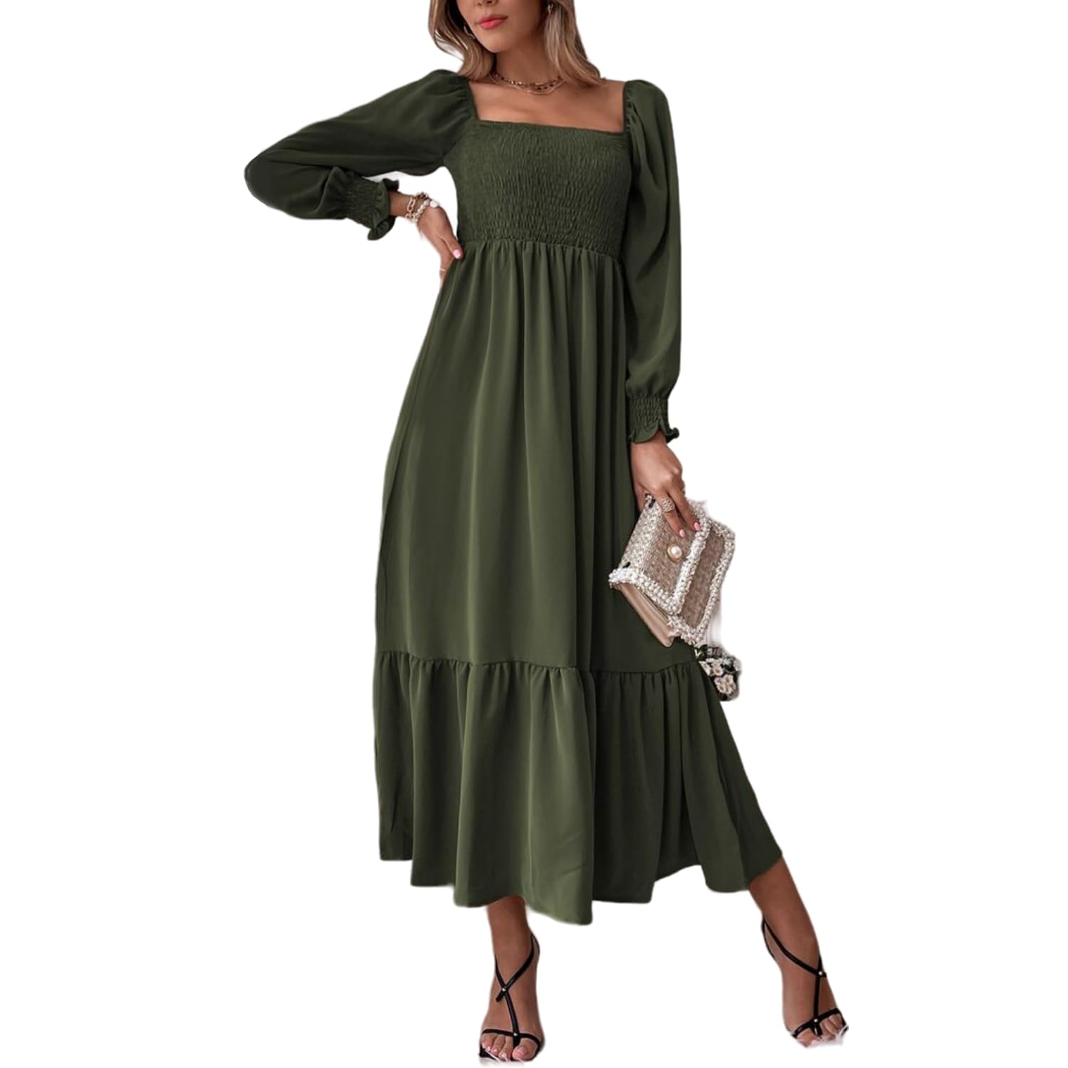 Women's Square Neck Casual Long Sleeve Maxi Dress - Ruffle Shirred Flowy Midi Dress for Spring Summer, Perfect for Beach Vacation, Date Night & Office Wear
