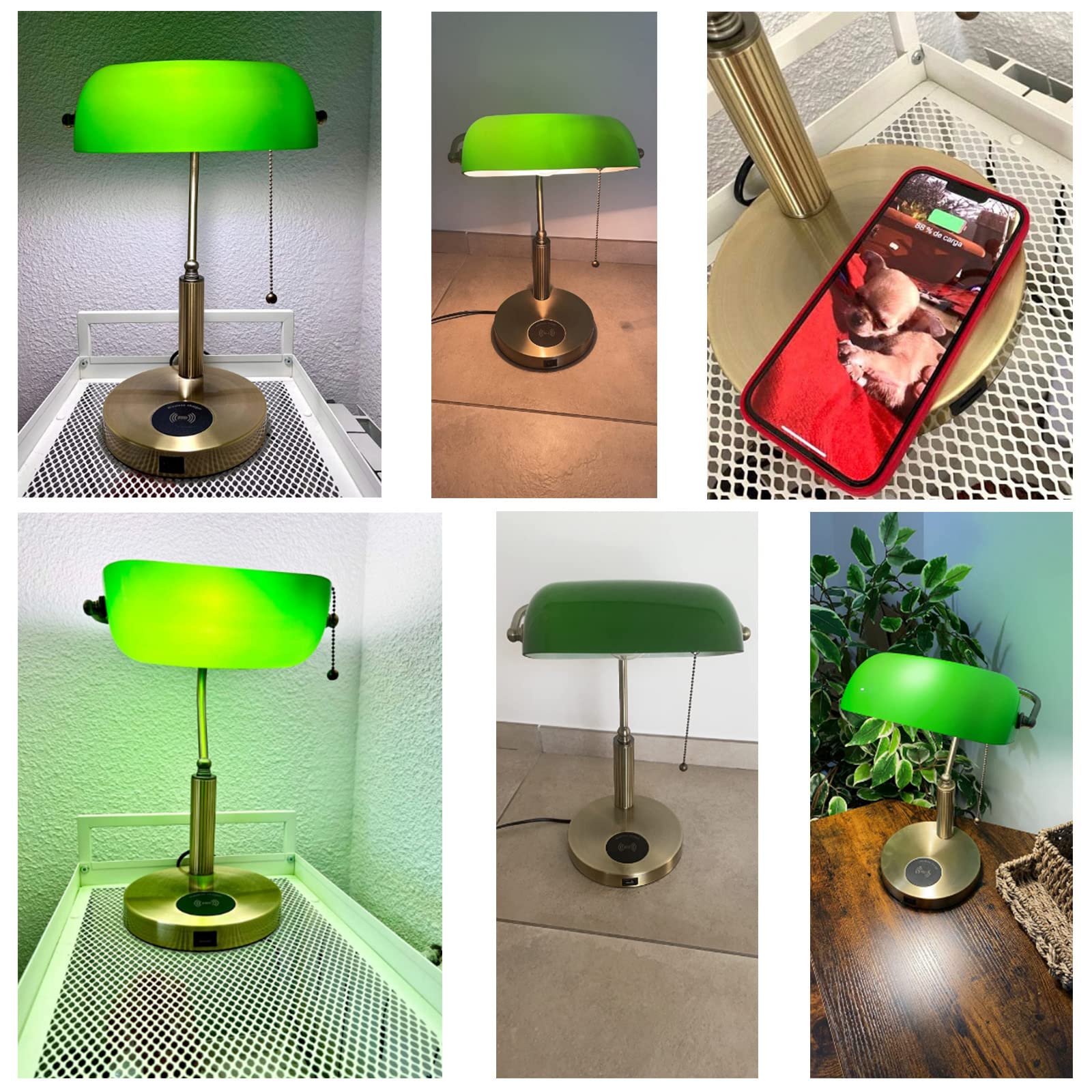 FIRVRE Retro Glass Bankers Desk Lamp with USB Wireless Charging - LED Table Lamp with Pull Chain Switch, Classic Green Desk Light for Home Office, Nightstand, Bedside, Study, Library & Reading
