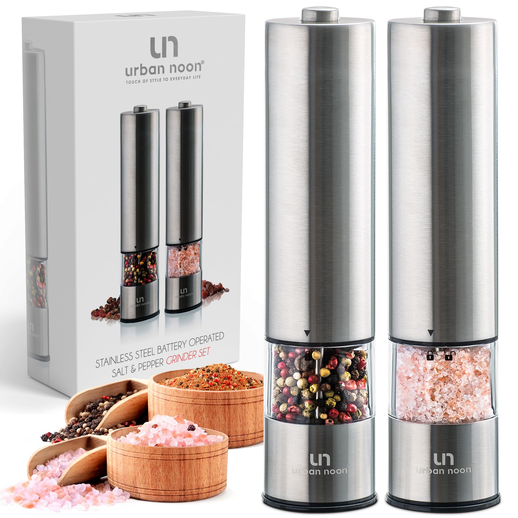Premium Electric Salt and Pepper Grinder Set - Rechargeable Stainless Steel Battery Operated Mills with LED Light - Adjustable Ceramic Grinders for One-Handed Operation (Pack of 2) - Perfect for Kitchen, Dining Table & Outdoor BBQ