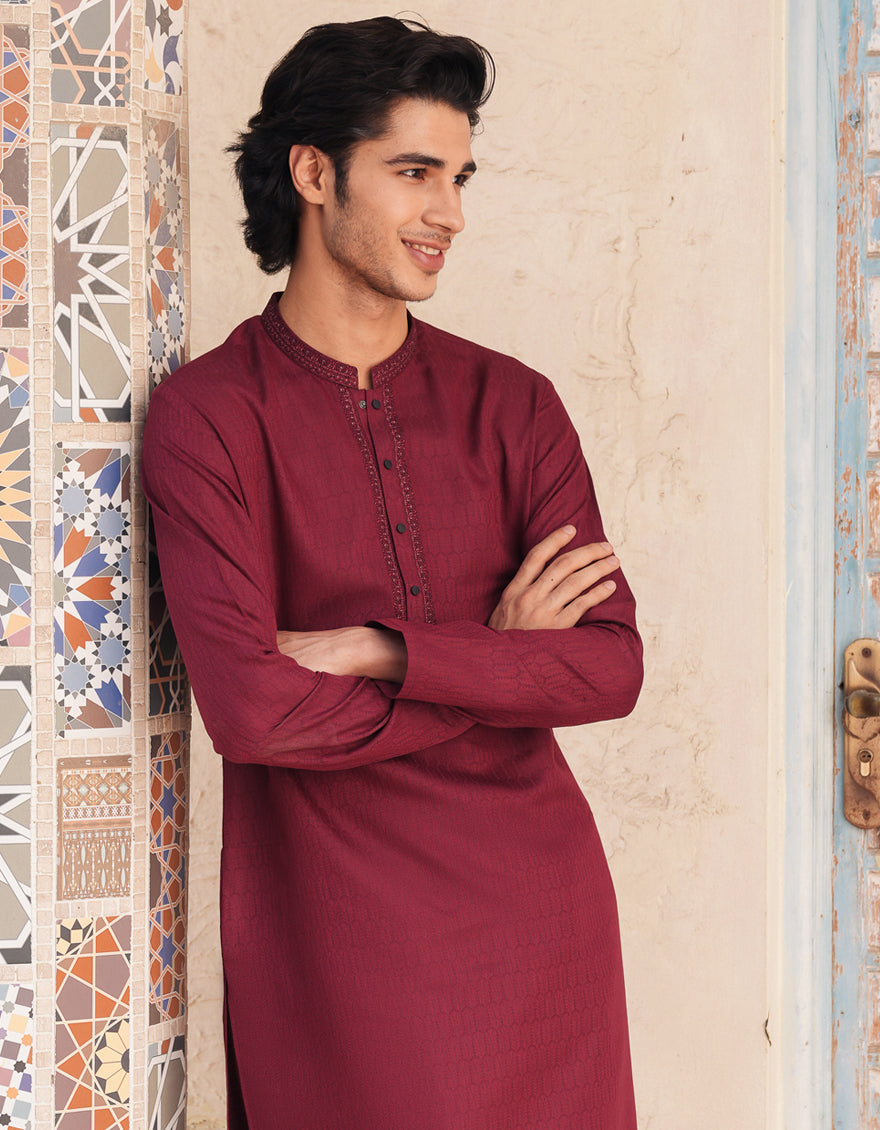 Blended Red Kurta by J. Junaid Jamshed | Stylish Pakistani Traditional Dress for Men | Perfect for Weddings, Eid & Cultural Events