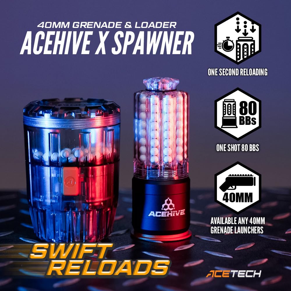 ACETECH 40mm Airsoft Grenade Launcher with Tracer BBS Speed Loader - AceHive Spawner for Tactical Airsoft Games | Outdoor Shooting & Military Simulation Training Accessory