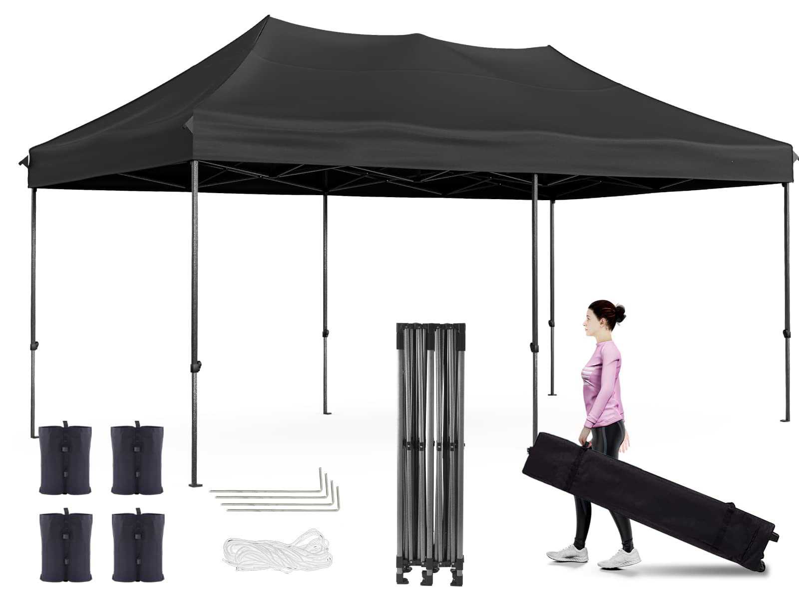 JOINATRE 10x20 Heavy Duty Canopy Tent - Waterproof 1080D Top, Adjustable Height Pop Up Canopy with Roller Bag & 4 Sandbags - Portable EZ Up Market Tent for Outdoor Events, Camping, Beach, Parties (Black)