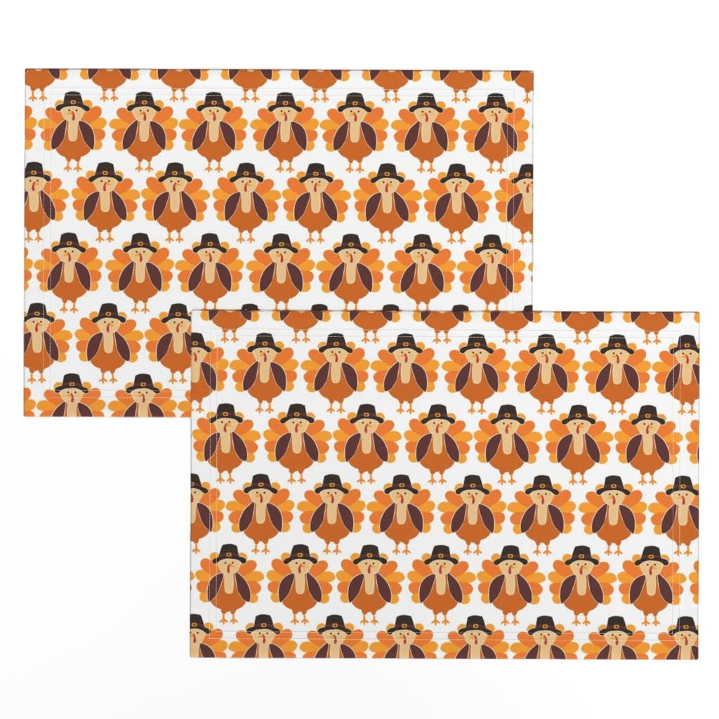 Premium Spoonflower Linen Cotton Canvas Placemats Set of 2 - Turkey & Pilgrim Hat Thanksgiving Print for Kids | Washable Table Mats for Holiday Dining, Family Gatherings & Decor