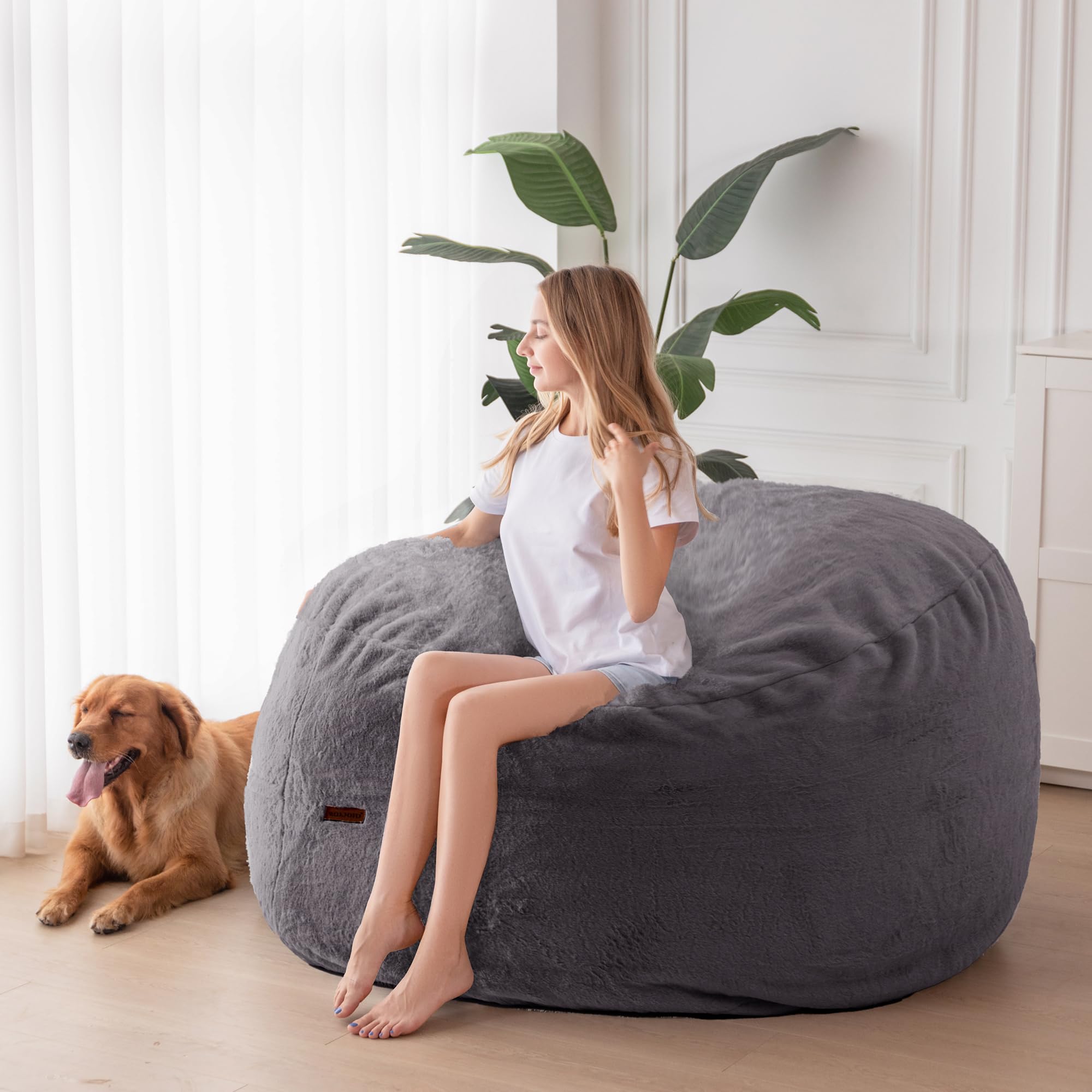MAXYOYO Giant Faux Fur Bean Bag Chair - Convertible to Floor Mattress Bed | Dark Grey | Ultra Soft Lounge Chair for Living Room, Bedroom & Dorm | Perfect for Relaxing, Gaming & Sleepovers