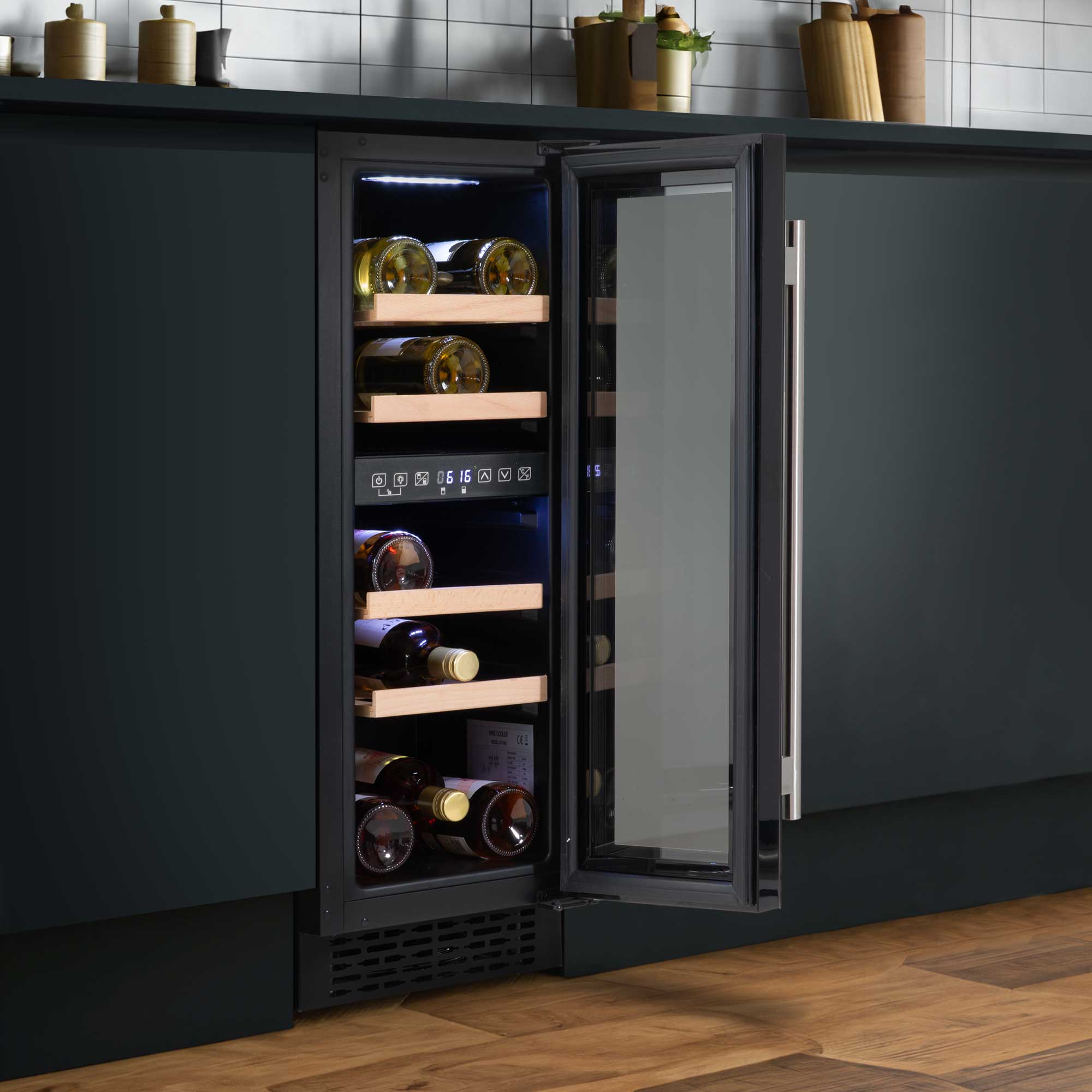 Baridi 17 Bottle Dual Zone Built-In Wine Cooler Refrigerator - 30cm Slim Design, Touch Screen Control, Black (DH204) - Perfect for Kitchen, Bar, Dining Room & Wine Cellar Storage