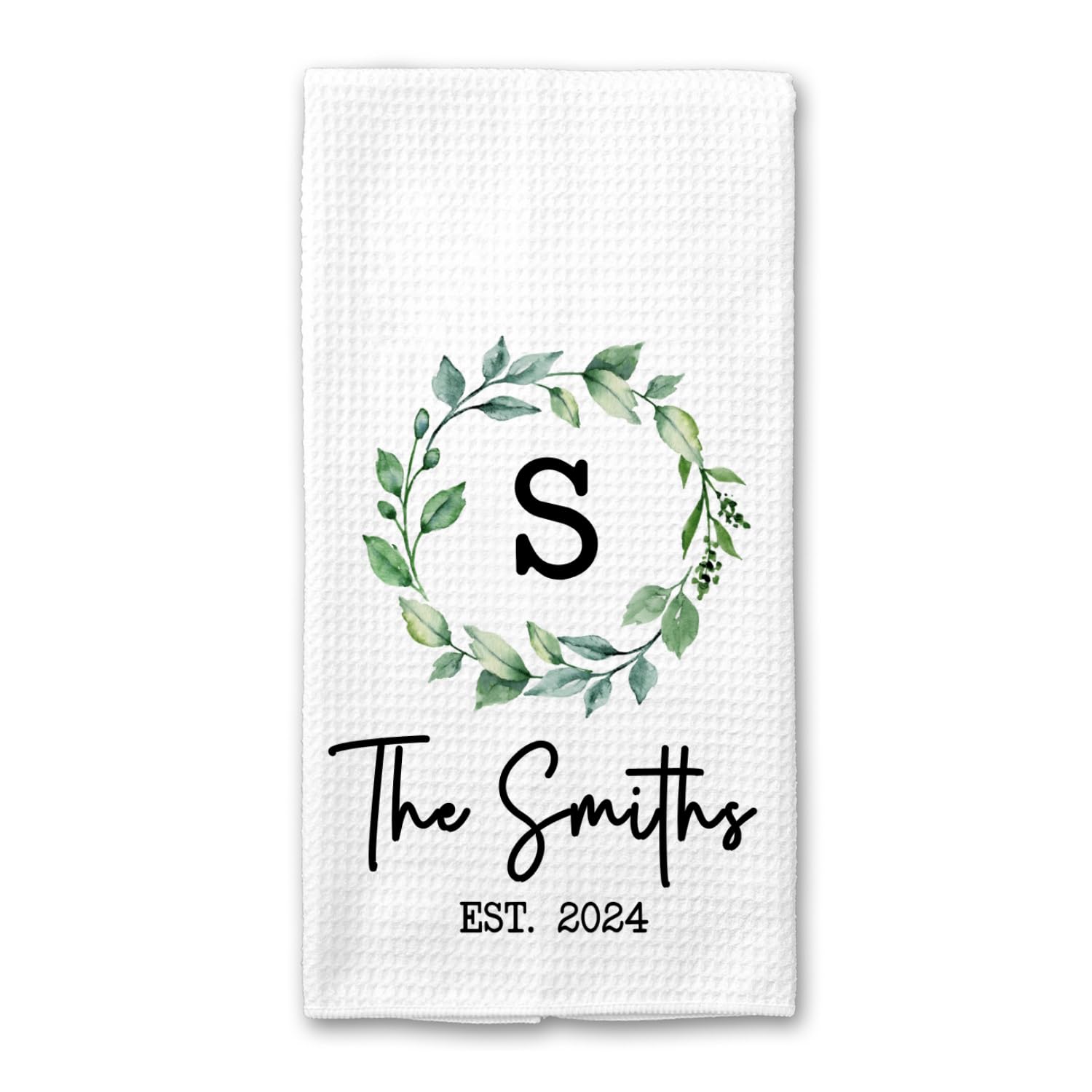 Personalized Greenery Wreath Tea Towel - Waffle Weave Kitchen Towel Set - Housewarming, Wedding & Hostess Gift - Farmhouse Decor for Kitchen, Dining & Holiday Decorating