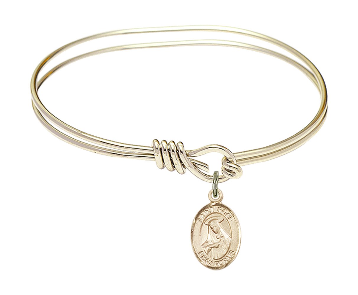 5 3/4 Inch Oval Eye Hook Bangle Bracelet with St. Rose of Lima Charm - Elegant Religious Jewelry for Women, Perfect for Church, Weddings & Everyday Wear
