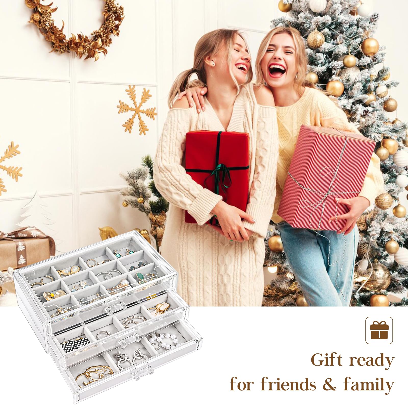 ProCase 3-Drawer Acrylic Jewelry Organizer Box with Adjustable Velvet Trays - Clear Earring Holder for Women (Grey) | Perfect for Bedroom Vanity, Travel & Gift Giving